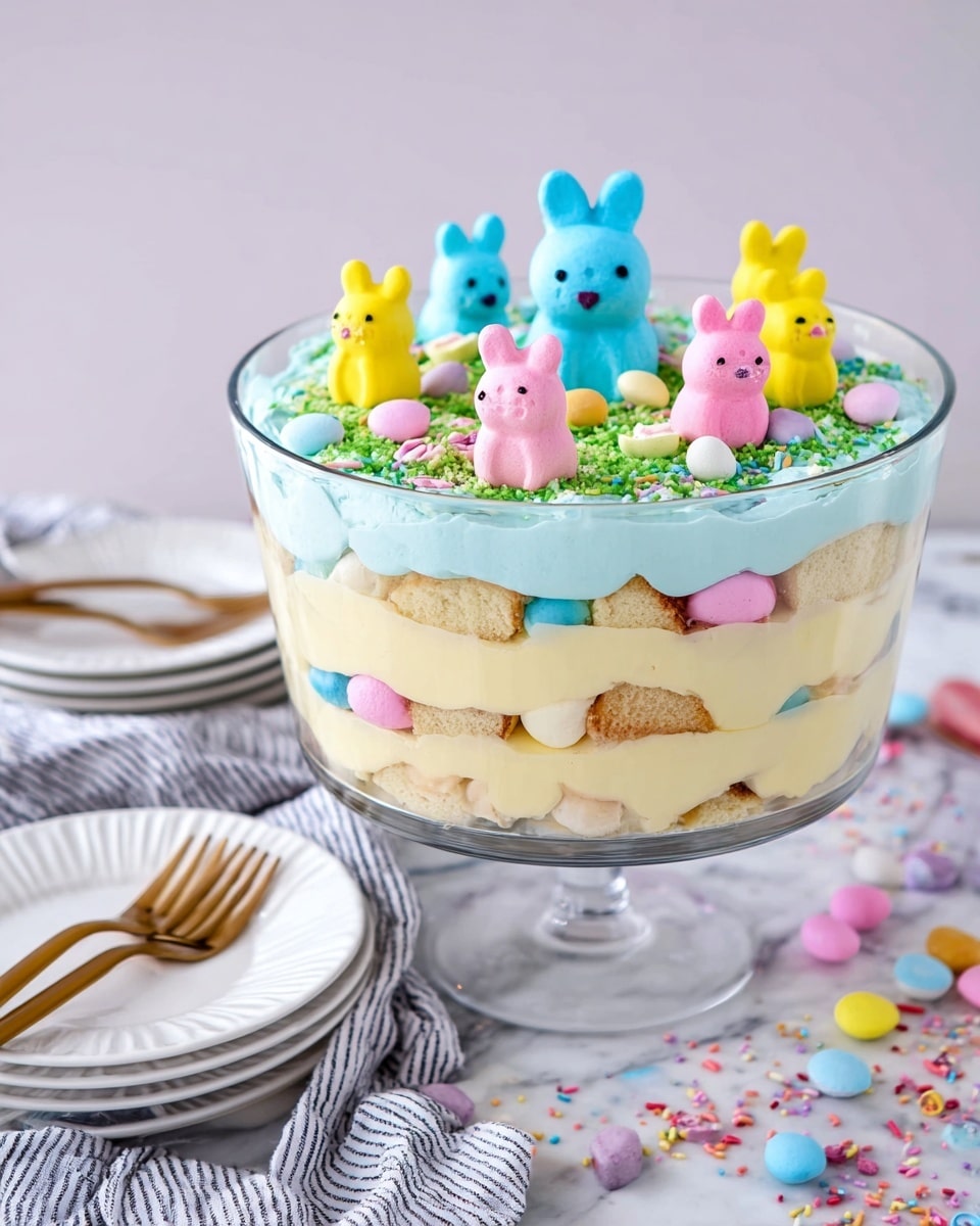 A clear glass bowl on a glass pedestal holds a colorful layered dessert with four distinct layers. The bottom layer is light beige cake pieces, topped by a creamy pale yellow custard layer. Above that is a thick light blue whipped cream layer with small marshmallow bunnies in bright pink, yellow, and blue, set around the edge. Another pale yellow creamy layer sits above the bunnies, followed by a second light blue whipped cream layer on top. The dessert is decorated with green shredded coconut in the center, small round pastel-colored candies scattered around, and a blue marshmallow bunny standing upright in the middle. The scene is set on a white marbled surface with colorful sprinkles scattered around, white plates with gold forks, and a striped cloth nearby. Photo taken with an iphone --ar 4:5 --v 7