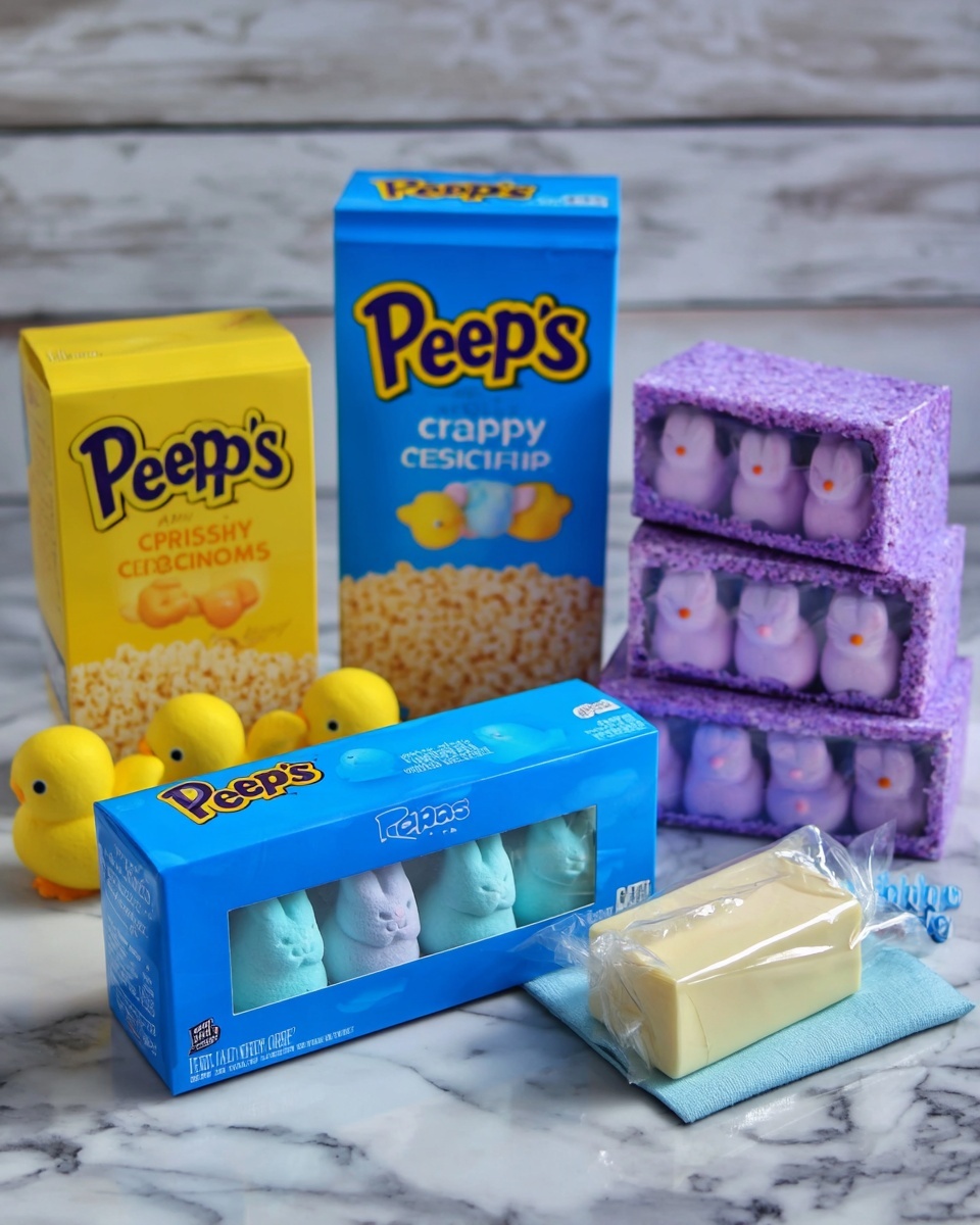 The image shows several packages of Peeps marshmallow candy and a box of crispy rice cereal arranged on a white marbled surface. In the front center, there is a blue box of Peeps with five light blue marshmallow chicks visible through a clear window. To the left, there is a yellow package of Peeps shaped like yellow marshmallow bunnies. Behind the blue box, there is a large blue box of crispy rice cereal standing upright. On the right side, there are three stacked purple packages of Peeps with purple marshmallow chicks inside clear windows. In front of the yellow Peeps package, there is a small wrapped block of butter slightly unwrapped. The whole setting is softly lit and arranged neatly. photo taken with an iphone --ar 4:5 --v 7