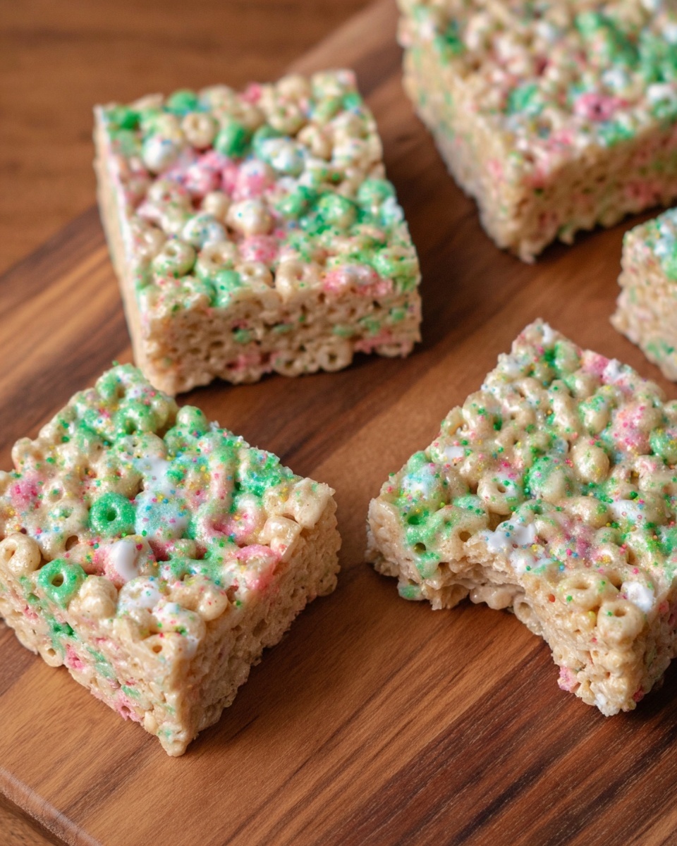 The image shows five square rice cereal treats arranged on a wooden board. Each treat has one visible layer made of light tan puffed rice cereal mixed with shiny, smooth marshmallow binding that reflects soft light. The treats have colorful specks of green and pink sprinkles spread evenly on top and throughout, giving them a festive, playful look. The edges are clean and slightly rounded, with one treat showing a bite taken out of a corner. The wooden board has a warm brown color with subtle grain patterns, contrasting with the bright treats. Photo taken with an iphone --ar 4:5 --v 7