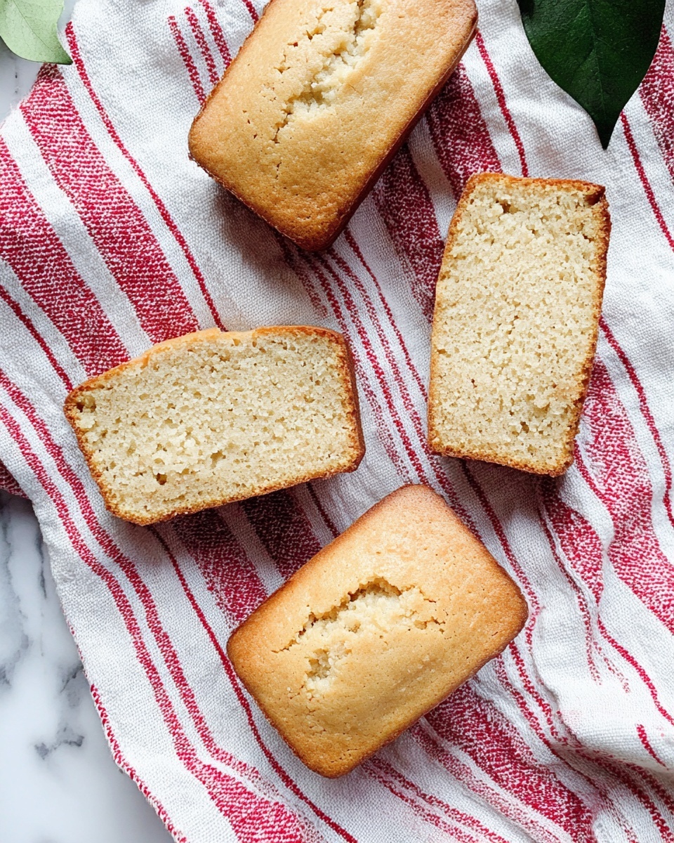 Four small rectangular light golden brown cakes with soft crumb texture are arranged casually on a white and red striped cloth that covers a corner of a white marbled surface. Two slices of one cake are placed near the top right, showing a soft, dotted interior. There are some green leaves peeking from the side, adding a touch of natural color. Photo taken with an iphone --ar 4:5 --v 7