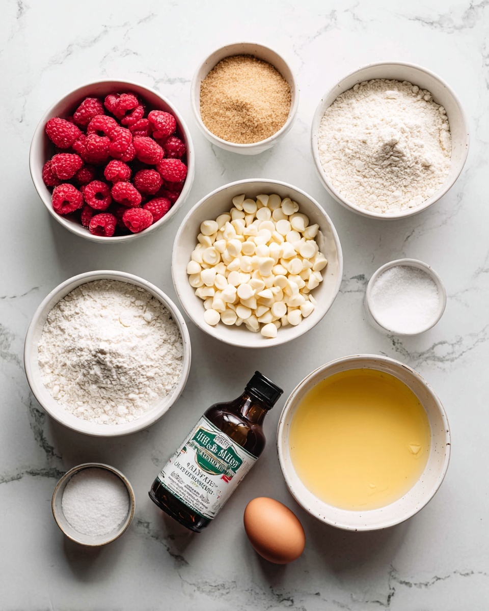 The image shows eight white bowls and one small bottle, all placed on a white marbled surface. The bowls are filled with different ingredients: one bowl holds bright red raspberries, another has light brown sugar, a third is filled with white chocolate chips, one contains white sugar, one bowl holds white flour, another smaller bowl has fine salt, and a larger bowl is filled with melted yellow butter. An uncracked white egg is placed near the smaller bowls. A brown bottle of vanilla extract with a green and white label is also included in the arrangement. The composition is neat and evenly spaced, with a clean, bright look. Photo taken with an iphone --ar 4:5 --v 7