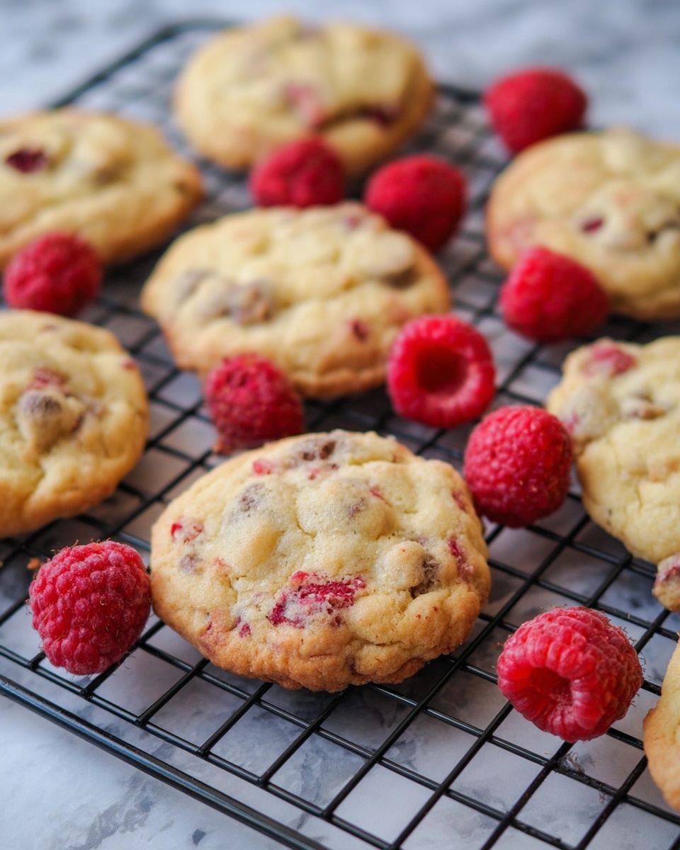 The image shows multiple round cookies that are light golden brown with visible bits of red and dark brown inside, placed on a black cooling rack over a white marbled surface. The cookies have a soft texture with slightly uneven edges. Four bright red raspberries are scattered between the cookies, adding a fresh color contrast. The scene is simple and natural, focusing on the cookies and raspberries. photo taken with an iphone --ar 4:5 --v 7