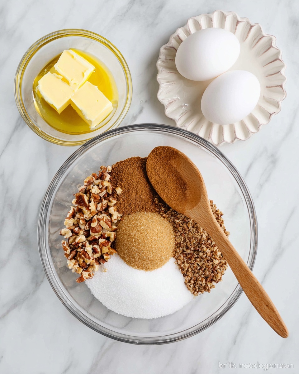 A clear glass bowl on a white marbled surface holds four separate layers of ingredients: chopped brown nuts at the bottom right, white granulated sugar at the bottom left, a heap of cinnamon powder partly on sugar and nuts, and a dome-shaped pile of light brown sugar in the center. A wooden spoon lies across the bowl, touching the sugar layers. Above the bowl, a small clear glass bowl contains melted butter pieces, showing a smooth yellow color. To the right, a small white scalloped plate holds two whole white eggs. photo taken with an iphone --ar 4:5 --v 7