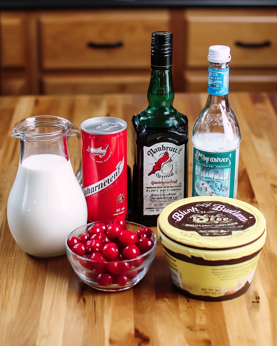 The image shows a variety of drink ingredients arranged closely on a wooden surface. There is a white jug filled with white milk in the front left. Next to the jug, there is a small clear glass bowl holding bright red cherries. Behind these items, from left to right, there is a red can of white whipped cream, a dark green bottle of De Menthe liqueur with a black cap, a clear bottle of Burnett’s whipped cream with a white cap, and a large round yellow container of Blue Bell ice cream with dark brown border and text. The background is wooden cabinets. The photo taken with an iphone --ar 4:5 --v 7