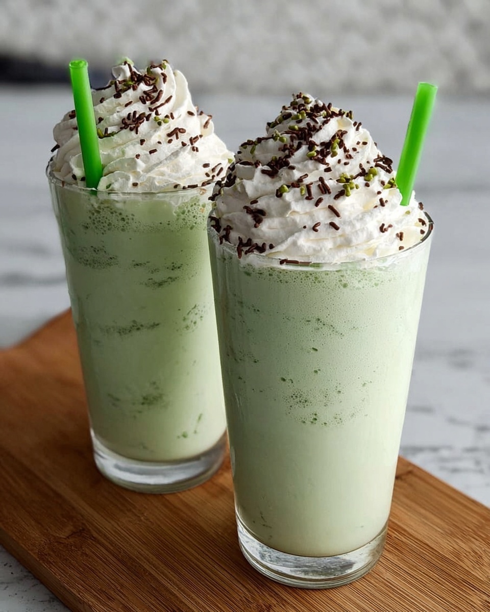 Two tall clear glasses filled with light green creamy drink showing small darker green bits inside. Each glass is topped with a swirl of white whipped cream, sprinkled with tiny dark brown and green bits. A bright green straw stands out in each glass. The glasses are placed on a wooden board with a white marbled surface in the background. photo taken with an iphone --ar 4:5 --v 7
