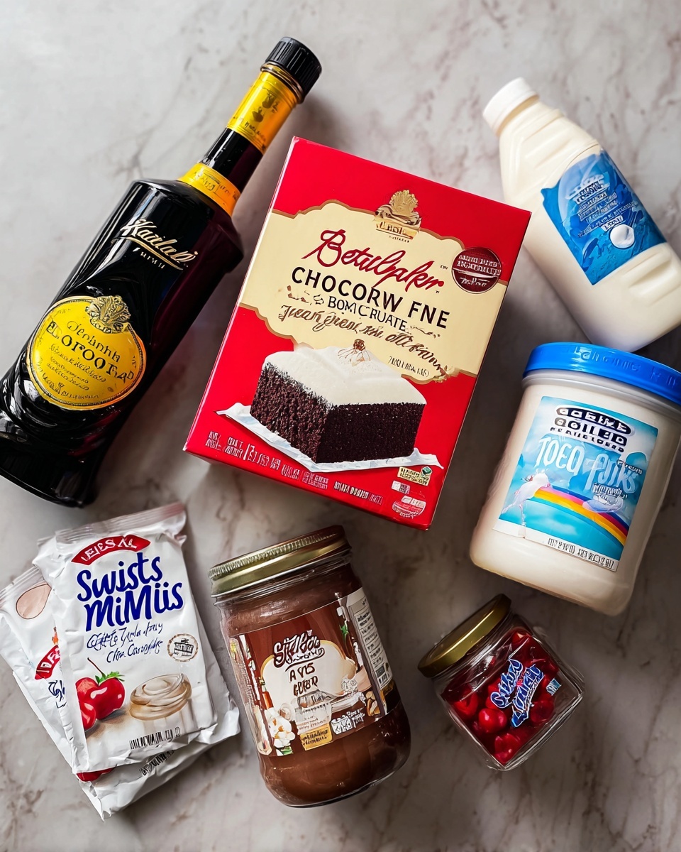 The image shows six items arranged on a white marbled surface: a black bottle of Kahlúa coffee liqueur with a yellow label tilted slightly to the left, a red and beige box of Betty Crocker Super Moist Chocolate Fudge cake mix standing upright in the center, a white jar of Jet-Puffed marshmallow creme with a blue lid to the right, two white packets of Swiss Miss milk chocolate hot cocoa mix lying flat near the bottom left, a glass jar of Smucker’s hot fudge topping with a brown lid in the center bottom, and a glass jar of Great Value maraschino cherries with a blue lid on the bottom right. photo taken with an iphone --ar 4:5 --v 7