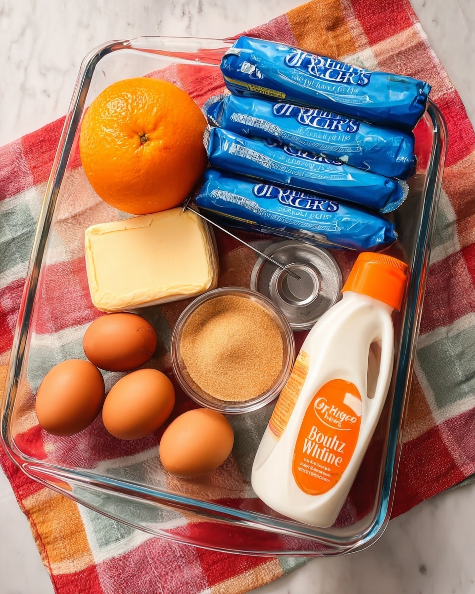 The image shows baking ingredients in a clear glass dish placed on a white marbled surface with a colorful checkered cloth underneath. Inside the dish, there are two blue packs of orange rolls stacked on top of each other at the back, a whole bright orange on the left, a small beige block of unsalted sweet cream butter next to the orange, a metal measuring cup filled with light brown sugar in the center, four brown eggs arranged in the bottom left corner, and a white and orange bottle of heavy whipping cream in the bottom right corner, all neatly organized. Photo taken with an iphone --ar 4:5 --v 7