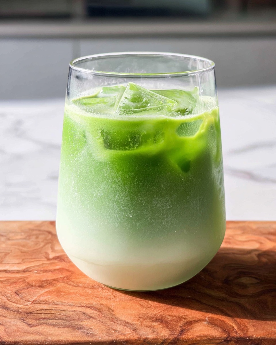 A clear glass filled with a two-layered drink sits on a white marbled surface. The bottom layer is creamy white, smooth, and slightly thick, occupying roughly one-third of the glass. The top two-thirds of the glass holds a vibrant green liquid with a somewhat frothy texture and visible ice cubes floating inside. The glass has a slight outward curve at the base and tapers gently towards the rim. The background is softly blurred, keeping the focus on the glass. photo taken with an iphone --ar 4:5 --v 7