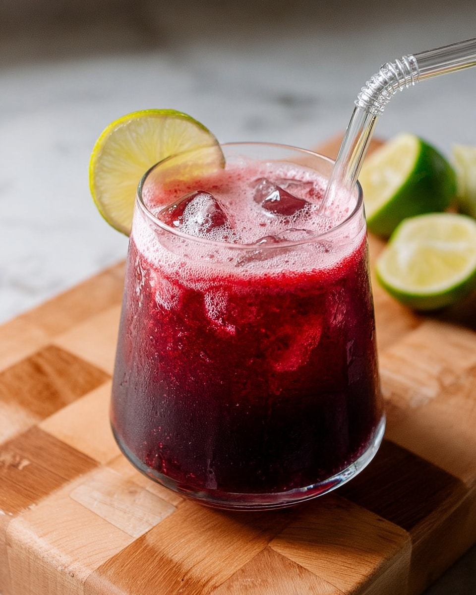 A short clear glass filled with dark red juice that has a frothy pink layer on top, with partially melted ice cubes inside. A small wedge of lime is placed on the rim of the glass. The glass sits on a wooden checkered board with light and medium brown squares. In the background, there are lime pieces, and the surface beneath the board is a white marbled texture. A clear glass straw leans into the drink from the top right. photo taken with an iphone --ar 4:5 --v 7