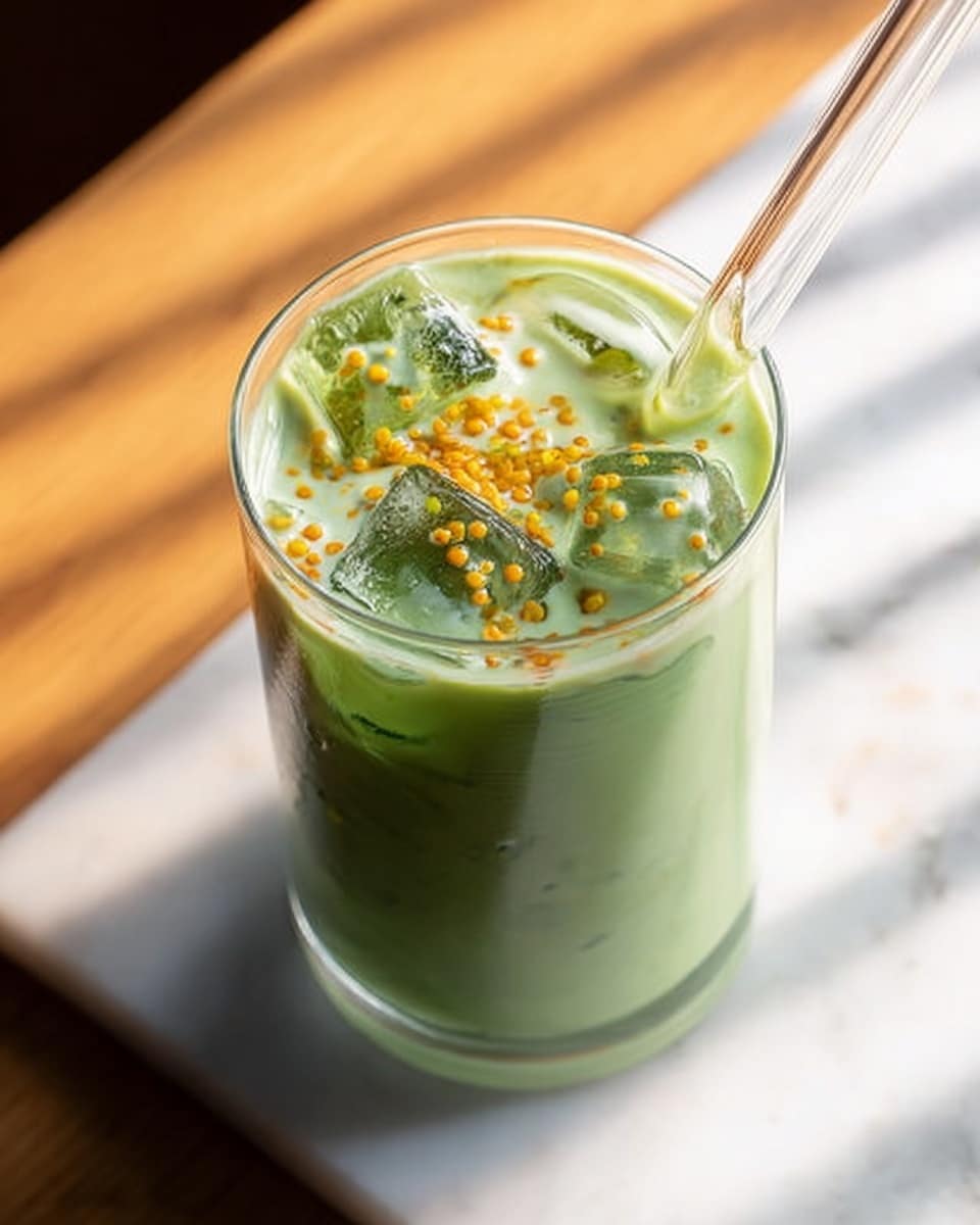A clear glass filled with a green iced drink sits on a white marbled surface. The drink has a smooth, creamy texture with a fresh green color. There are three ice cubes floating on top, along with small yellow-orange granules sprinkled over the surface. A clear glass straw is placed in the drink, leaning slightly to the right. The background around the glass is softly blurred, showing a warm light on the top right side. Photo taken with an iphone --ar 4:5 --v 7