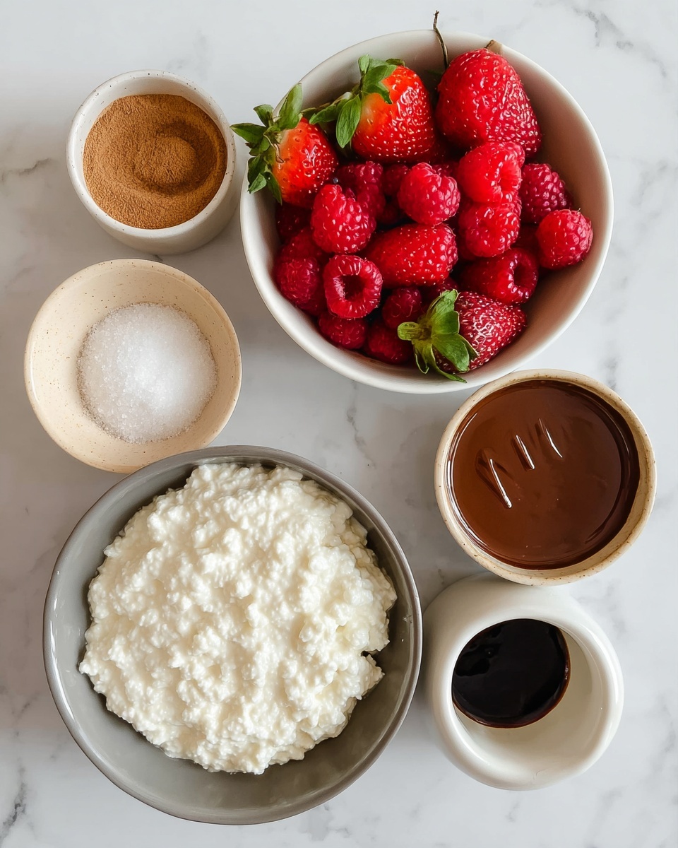 The image shows five small bowls placed on a white marbled surface, each holding different ingredients. In the center, there is a grey bowl filled with white cottage cheese that has a soft and lumpy texture. Above it, a white bowl holds bright red strawberries and raspberries mixed together, with green leaves still attached to some strawberries. To the left, a small white ramekin contains light brown cinnamon powder with a fine texture. Below the cinnamon, a small beige bowl holds a small amount of coarse white salt. On the right side, another white bowl contains a smooth, thick dark brown sauce, likely chocolate. Next to it, a small white cup holds a dark liquid, possibly vanilla extract. The arrangement is neat and the colors are fresh against the white marbled background. Photo taken with an iphone --ar 4:5 --v 7