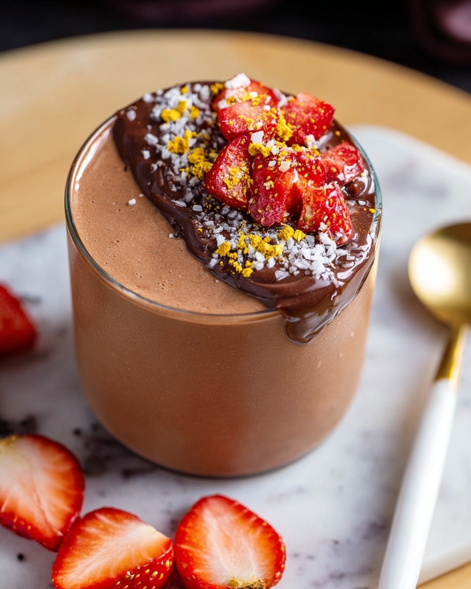 A clear glass filled with a smooth chocolate mousse, topped with a thick layer of dark chocolate spread on one side of the surface. On top of the chocolate spread are small pieces of fresh red strawberries, yellow bee pollen granules, and some coarse white flakes scattered neatly. The glass sits on a white marbled texture with sliced strawberries around. A white spoon with a gold handle rests next to the glass. Photo taken with an iphone --ar 4:5 --v 7