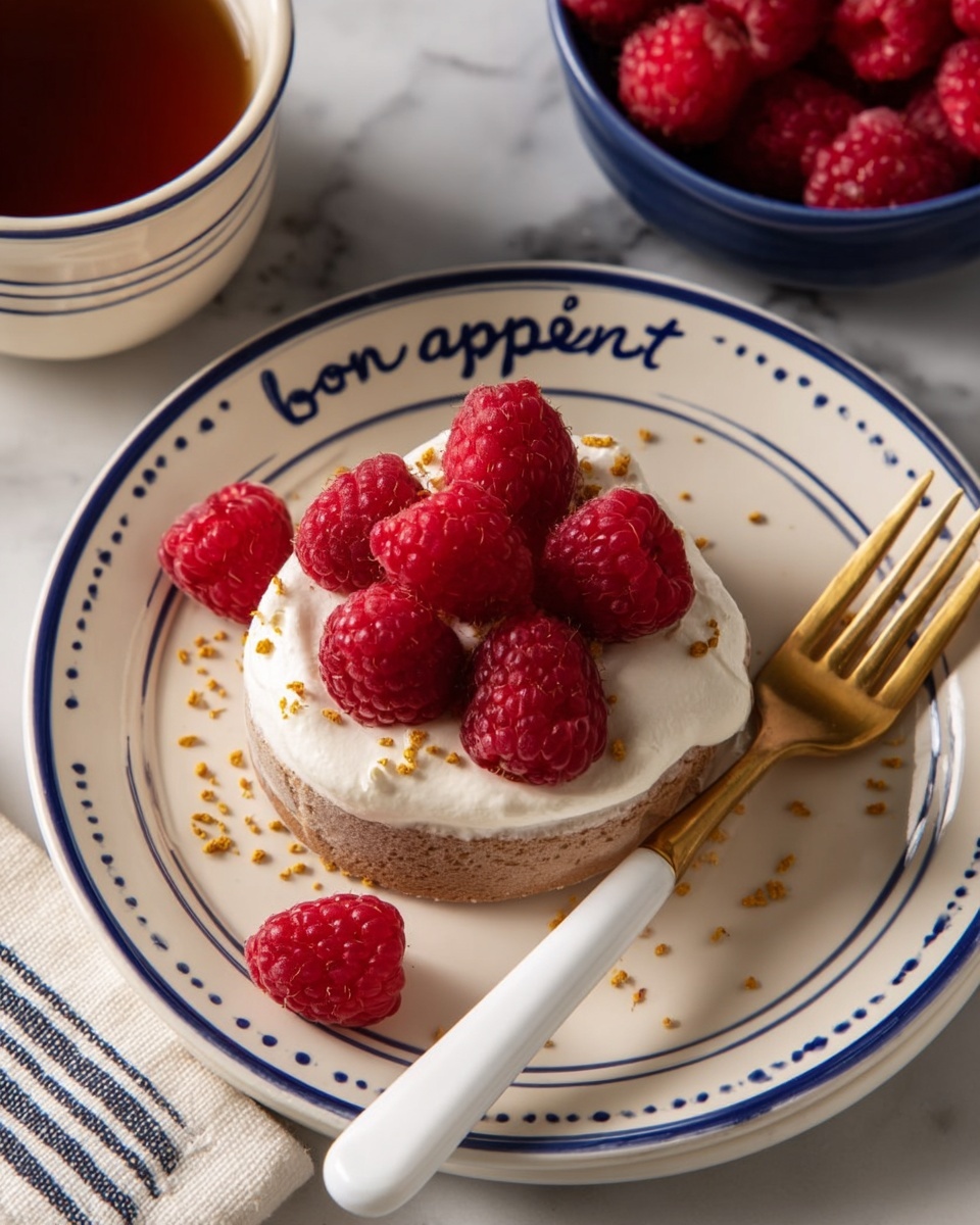 A small round cake with a light brown bottom layer topped with a thick white cream layer, decorated with seven bright red raspberries arranged on top and around the cake. Small yellow bee pollen granules are sprinkled on the cream and plate. The cake sits on a white plate with blue stripes and the words