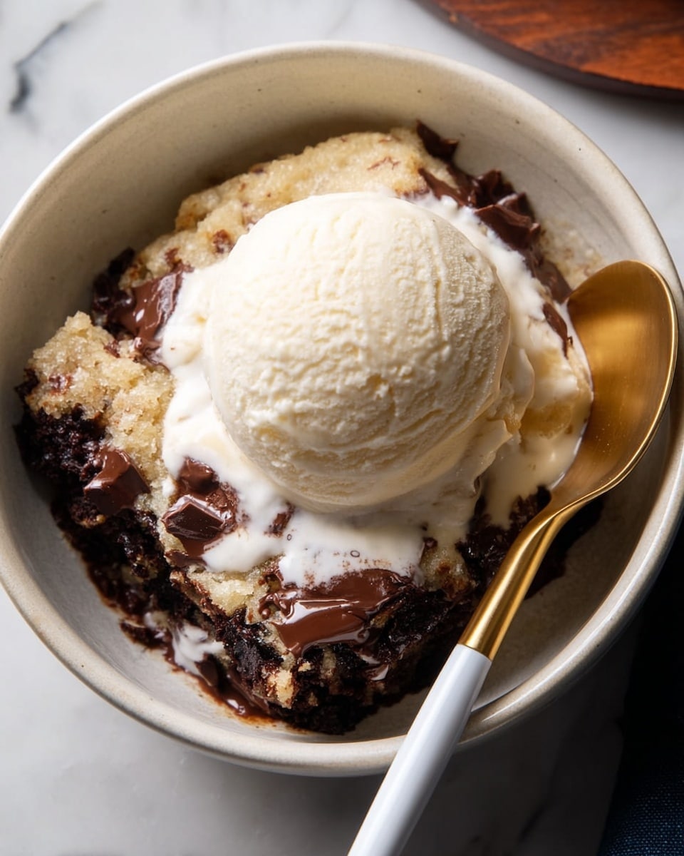 A white bowl holds a dessert with two main layers: the bottom layer is a warm, light brown cake mixed with melted dark chocolate pieces that create dark brown, shiny patches with a slightly rough texture; on top sits a round scoop of smooth, creamy off-white vanilla ice cream that is starting to melt slightly around the edges. A gold spoon with a white handle rests inside the bowl, positioned on the right side. The bowl is placed on a white marbled surface. Photo taken with an iphone --ar 4:5 --v 7