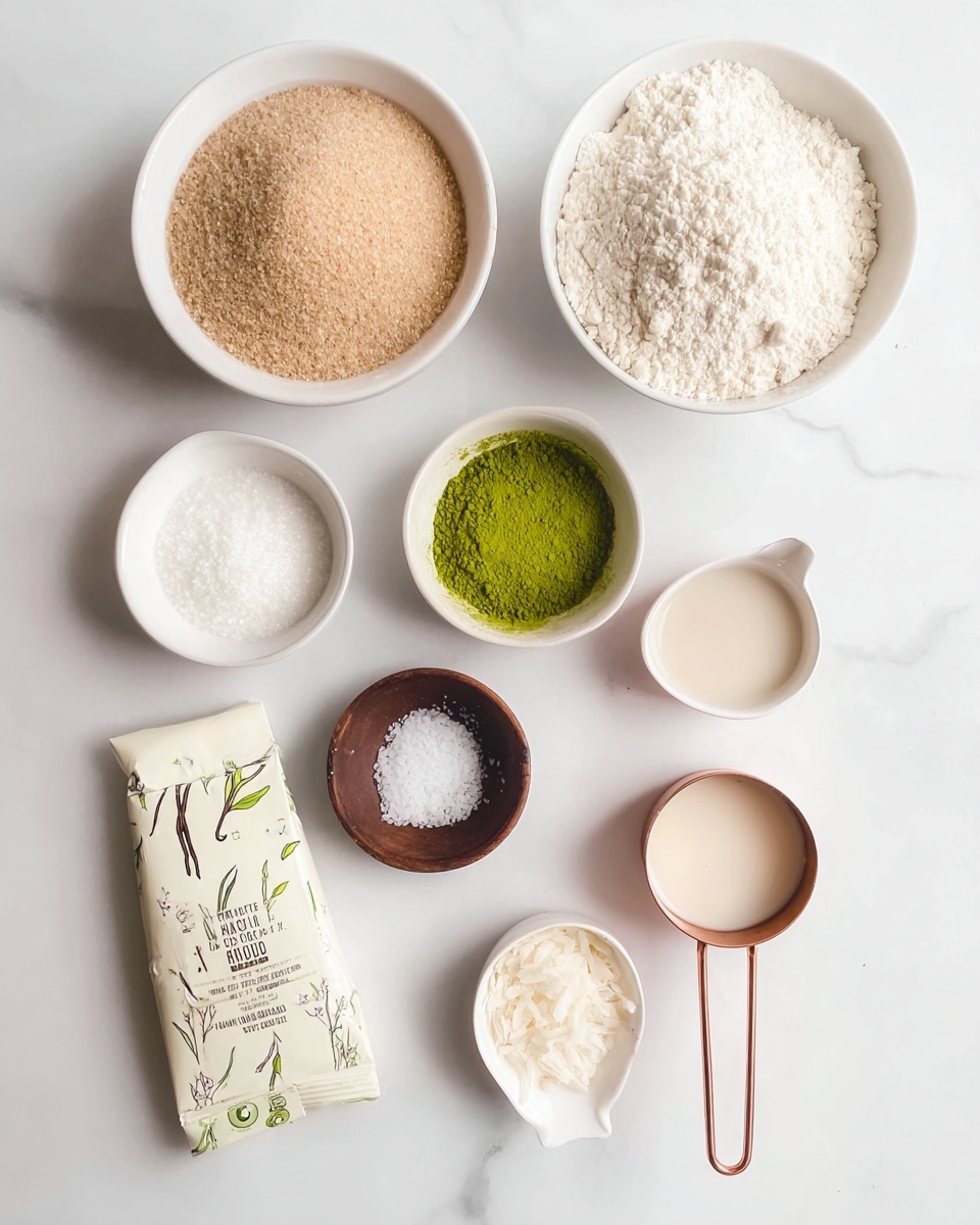 The image shows nine baking ingredients arranged neatly on a white marbled surface. From top left to right, there is a white bowl filled with light brown sugar, next to it on the right is a larger white bowl full of white flour. Below these, starting from left to right, are a small white bowl with white granulated sugar, a small white bowl with baking soda, a small brown bowl containing bright green matcha powder, and a tiny white bowl filled with white salt. At the bottom left, there is a white vanilla chocolate bar package with illustrations of vanilla pods and chocolate pieces. To the right of the package are two measuring cups with rose gold handles: the left one filled with white coconut oil flakes and the right one holding a light cream-colored liquid. All items are set against a clean white marbled surface. photo taken with an iphone --ar 4:5 --v 7
