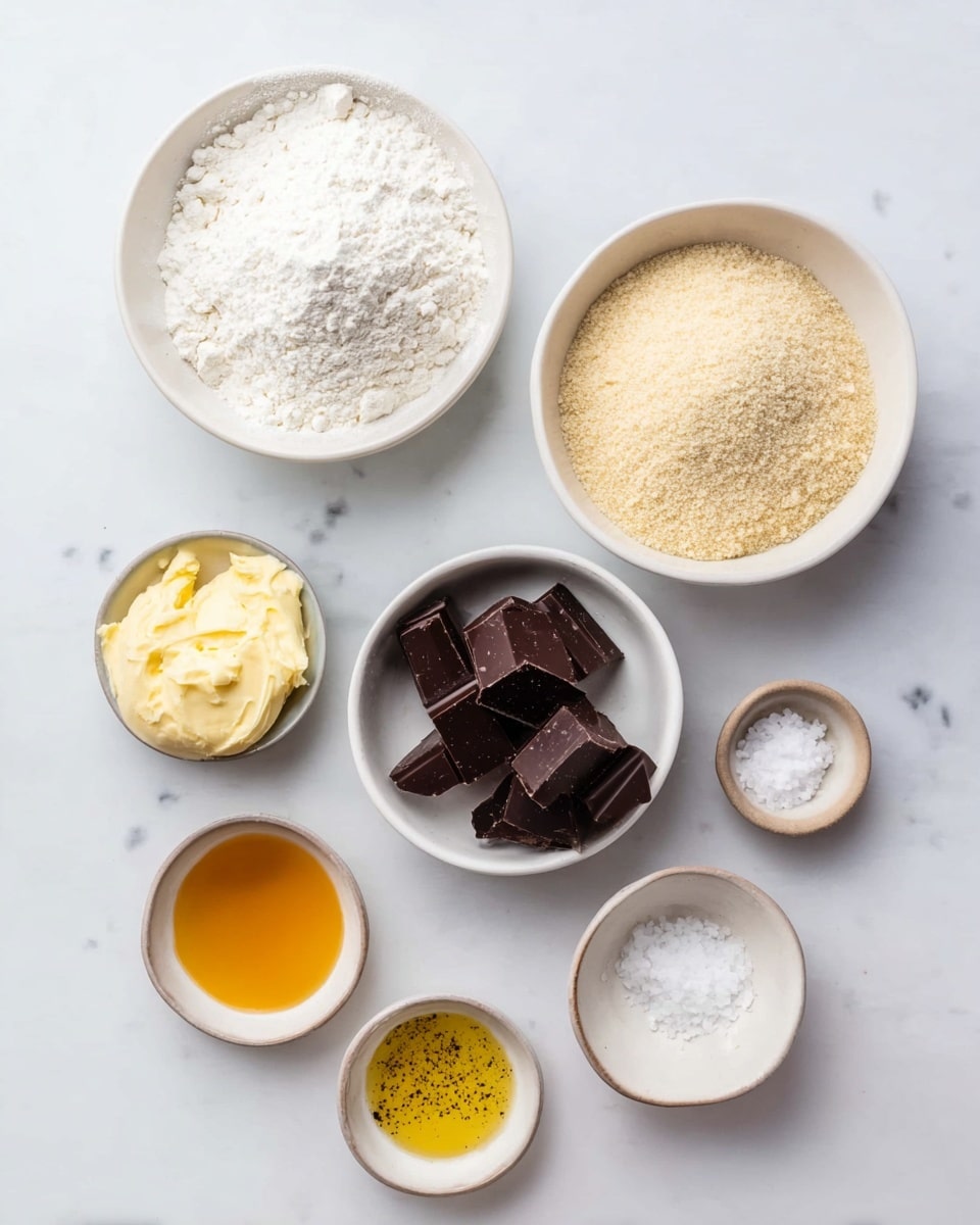 The image shows seven small white bowls arranged on a white marbled surface. The largest bowl at the top left contains a layer of white flour with a powdery texture. To the right is another large bowl filled with a beige grainy powder. Below these, a medium bowl holds dark chunks of chocolate with smooth, shiny surfaces. Surrounding these are smaller bowls: one with light cream, another with a bright yellow solid paste, one with a clear golden liquid showing some black specks, and one with white granulated salt. The bowls are spaced evenly, creating a neat and organized layout photo taken with an iphone --ar 4:5 --v 7