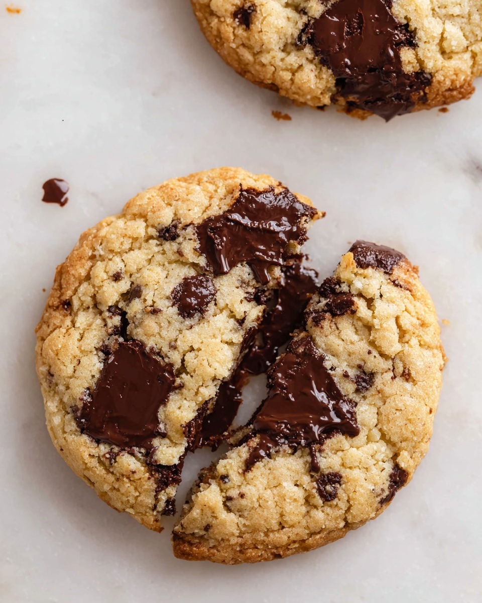 A close-up view of a single round cookie with a rough, crumbly light golden surface spotted with large, dark melted chocolate chunks spread unevenly. The cookie is split slightly in the middle, showing a soft and chewy texture inside. The cookie is placed on a white marbled surface with a small bit of melted chocolate oozing out from the crack. At the top edge, the corner of another cookie with similar texture and color is partially visible. photo taken with an iphone --ar 4:5 --v 7
