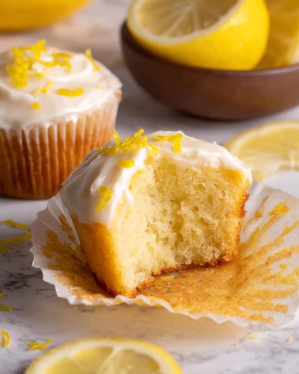 The image shows a close-up of a lemon cupcake broken in half with a soft, light yellow inside texture. The top layer is white icing with small pieces of bright yellow lemon zest sprinkled on it. The cupcake sits in a white paper liner that is slightly opened. In the back, another lemon cupcake with white icing and lemon zest is partly visible. There is a brown bowl holding two lemon halves beside the cupcakes, all placed on a white marbled surface with scattered lemon zest around. Photo taken with an iphone --ar 4:5 --v 7