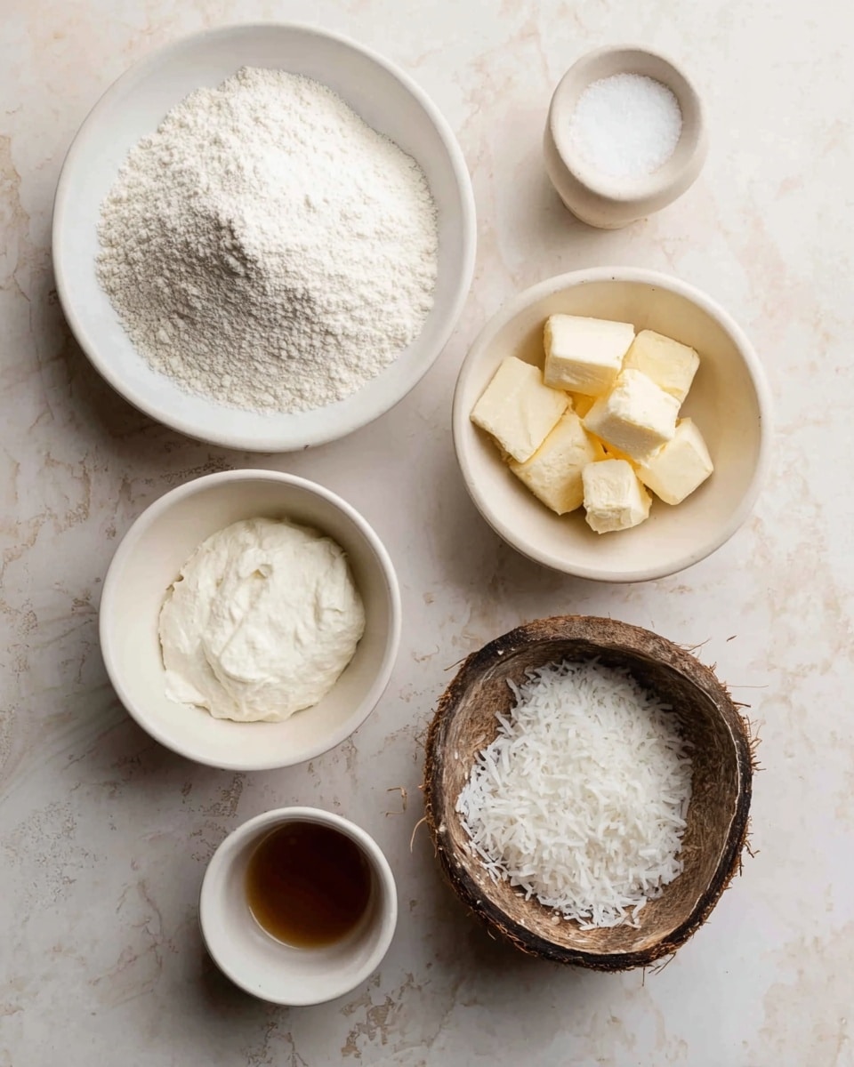 Six bowls are placed on a white marbled surface. The top left white bowl holds a mound of fine white powder. Below it, a white bowl contains uneven chunks of a pale yellow solid. To the right, another white bowl is filled with a soft white substance with a creamy texture. At the bottom center, a small empty white bowl sits next to a similar sized white cup with a brown liquid inside. On the far right, a rustic half coconut shell is filled with white shredded flakes closely packed. The setup is neat with the bowls spaced slightly apart photo taken with an iphone --ar 4:5 --v 7