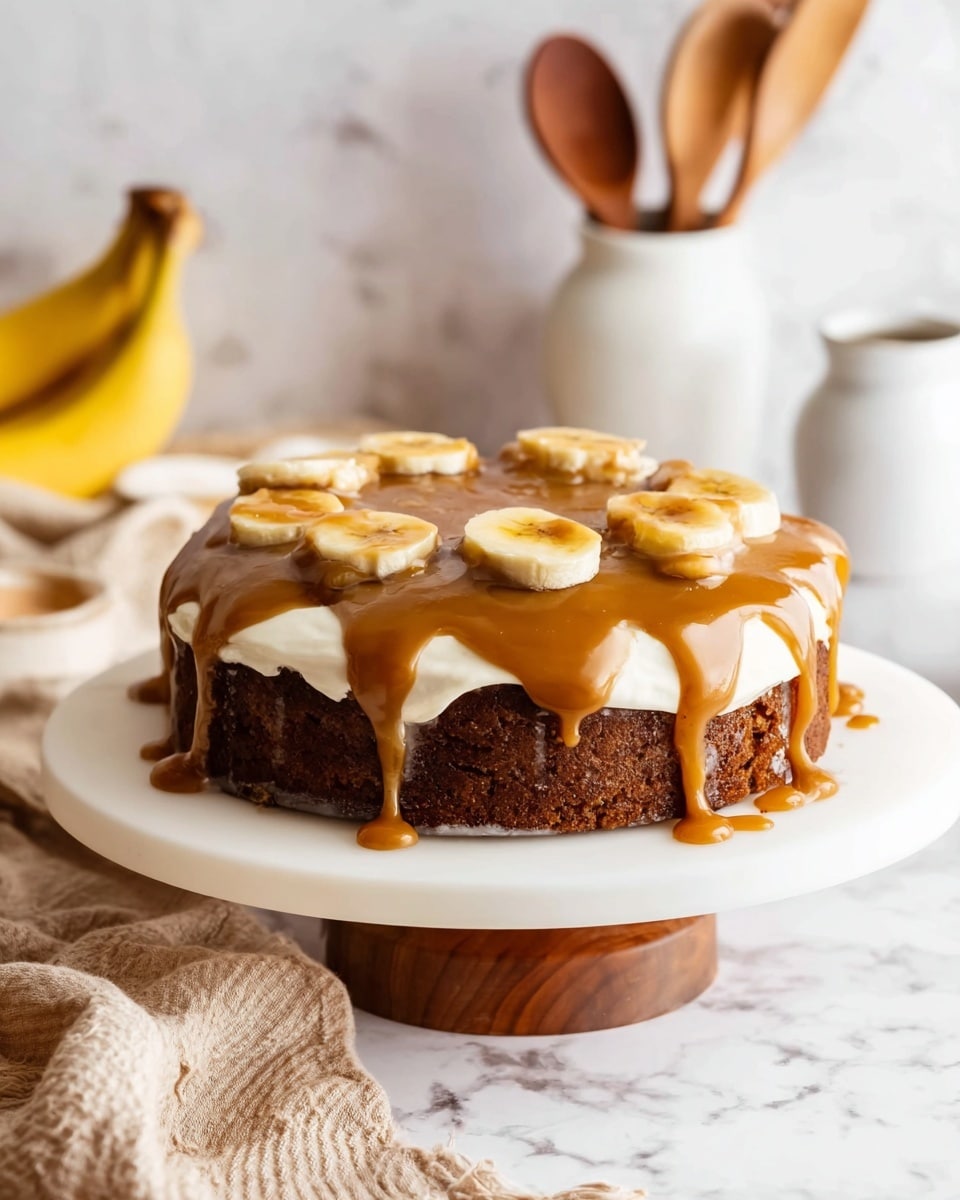 A round dark brown cake sits on a white cake stand with a wooden base. It has one layer of thick white cream frosting on top. Over the frosting, there is a read layer of light brown caramel sauce dripping over the sides of the cake. Small round slices of caramelized banana are placed in a circle on top, partially covered by the caramel sauce. The background features a white marbled surface with a banana, a beige cloth, and blurred white jars with wooden spoons. Photo taken with an iphone --ar 4:5 --v 7