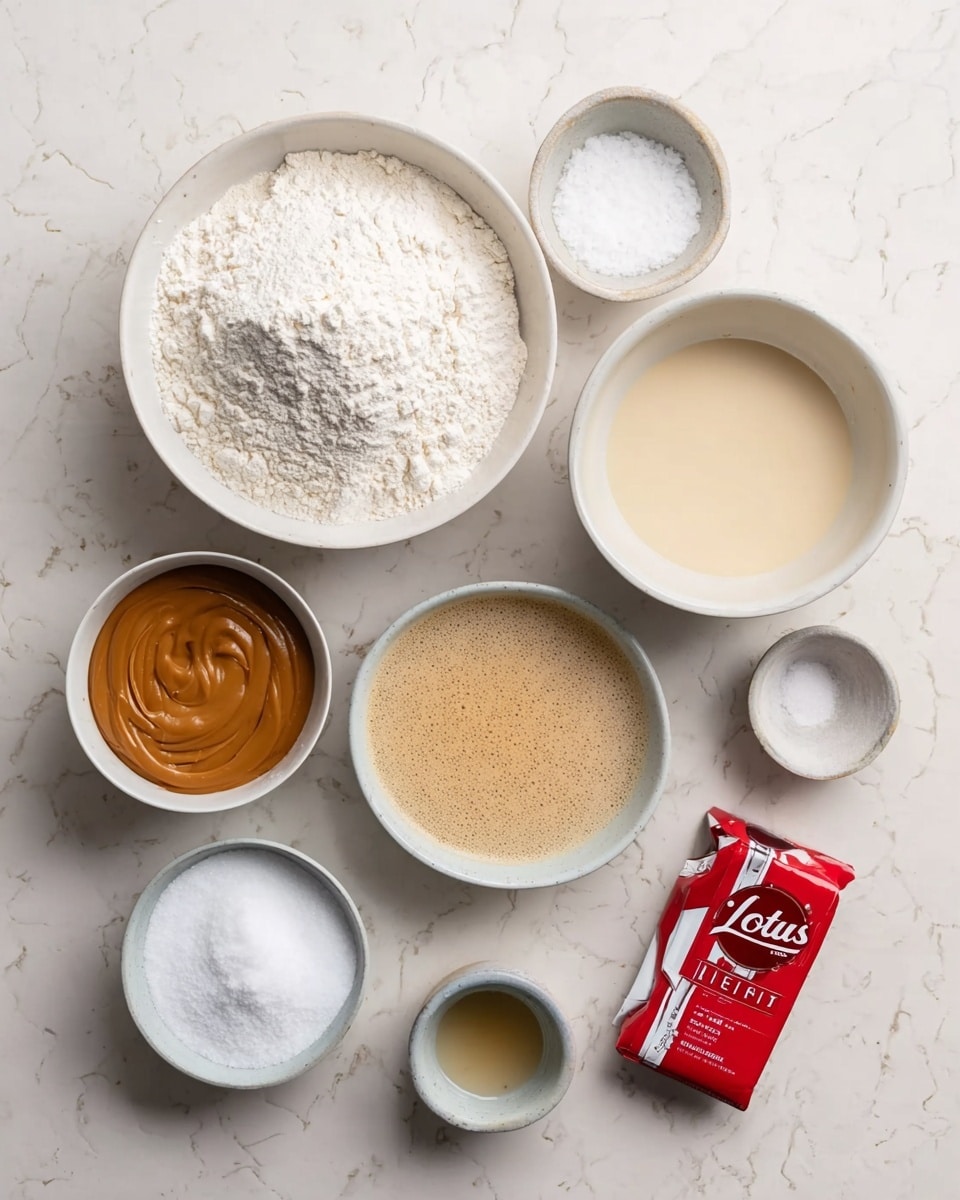 The image shows a flat lay of baking ingredients arranged in white bowls on a white marbled surface. There are eight bowls: one large bowl at the top filled with white flour, a medium bowl to the right with a pale creamy liquid, a medium bowl to the left filled with brown smooth peanut butter or a similar spread, a smaller bowl in the center with a frothy light beige mixture, another small bowl at the bottom center containing a white powder (likely baking powder), a small bowl to the right with white granulated sugar, a tiny bowl with salt to the bottom right, and the smallest bowl at the bottom left holding a clear liquid (likely vanilla extract). At the bottom right corner, there's a red and white package of Lotus Biscoff cookies with a black clip sealing the top. Photo taken with an iphone --ar 4:5 --v 7