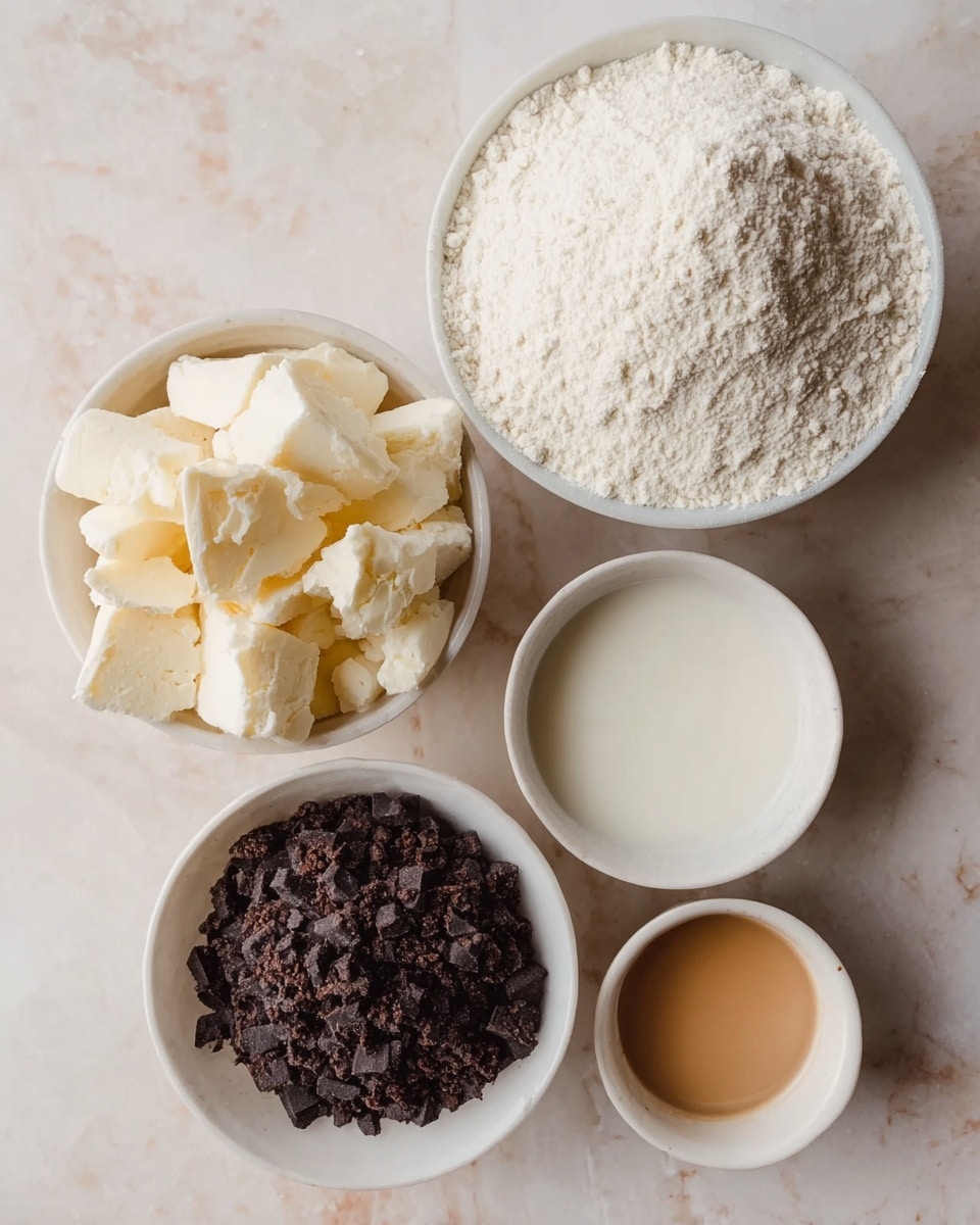 The image shows five white bowls with different ingredients placed on a white marbled surface. The largest bowl at the top right is filled with a white powdery substance that looks soft and fine. Below it, on the left, is a bowl piled with chunky, off-white solid pieces that look soft and creamy. To the right of this bowl is a smaller bowl with a smooth white liquid inside. Below these three, there is a bowl filled with dark crumbled pieces with a rough texture. Next to it, on the right, is the smallest bowl containing a light brown liquid that looks smooth and glossy. The photo taken with an iphone --ar 4:5 --v 7