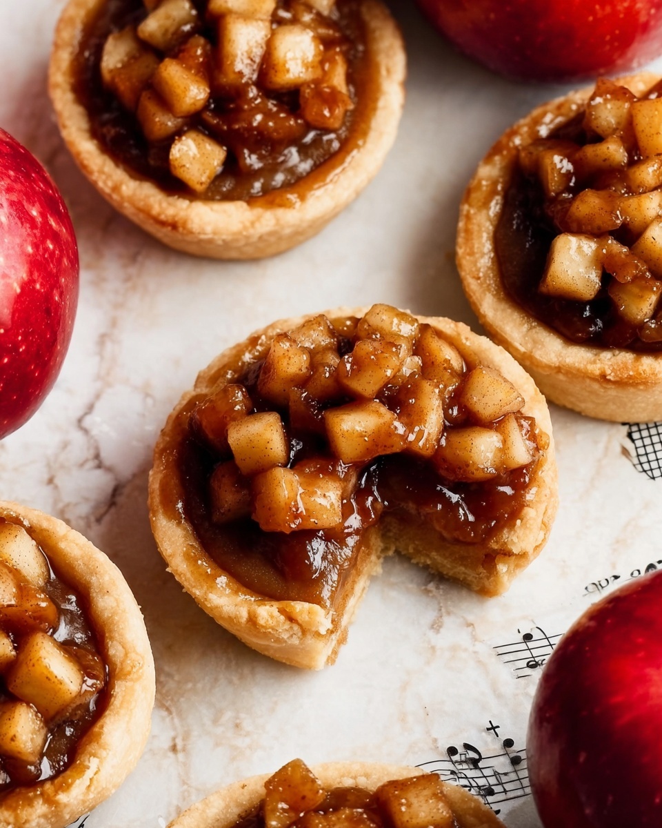 The image shows a close-up of small round tarts placed on a white marbled surface over a sheet of task paper with music notes. Each tart has a golden-brown flaky base layer topped with a thick, brown filling layer that looks smooth and firm. On top, there is a generous layer of small diced apple pieces mixed with a glossy dark brown syrup, giving a shiny and slightly sticky texture. One tart in the center is broken in half, showing the different layers clearly. Around the tarts, there are whole red apples with a shiny and fresh look. The colors mainly include warm golden browns, deep red from the apples, and a bright white marbled surface, creating a cozy and inviting visual. photo taken with an iphone --ar 4:5 --v 7