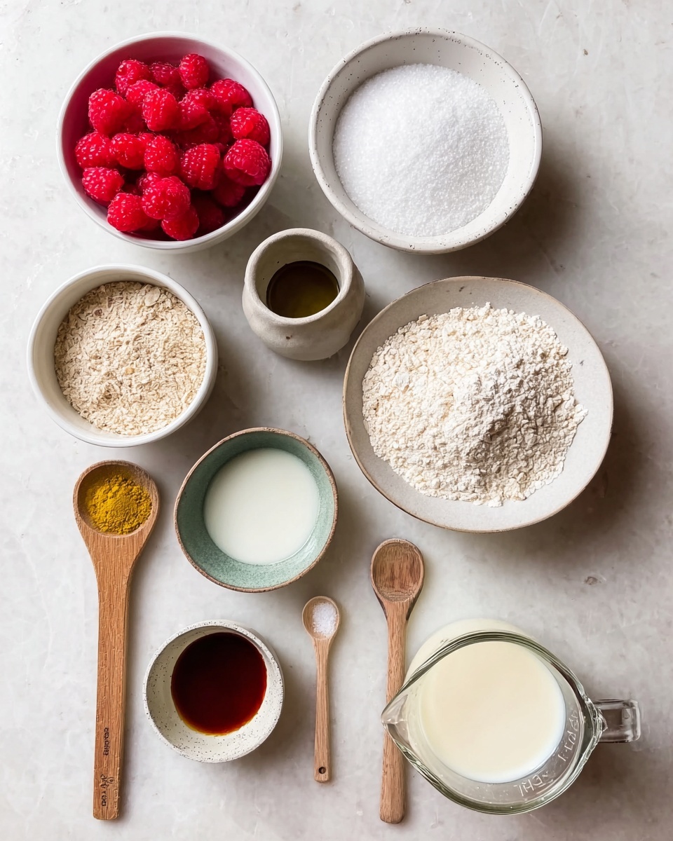 A top-down view of nine small white bowls and cups arranged on a white marbled surface, each filled with different ingredients. The top row includes a bowl full of bright red raspberries on the left, a bowl of white flour slightly to the right, and a bowl filled with white granulated sugar on the far right. Below the raspberries, there's a bowl with light brown almond flour on the left and a small bowl of a white powder in the center. Below the almond flour and white powder bowl, there is a wooden spoon with a yellow spice and a smaller wooden spoon with a dark brown liquid on the left side. To the right, there is a small glass measuring cup containing white milk. A small white bowl with a white powder (likely salt) stands between the measuring cup and the small bowl with a light yellow liquid at the bottom right. Photo taken with an iphone --ar 4:5 --v 7