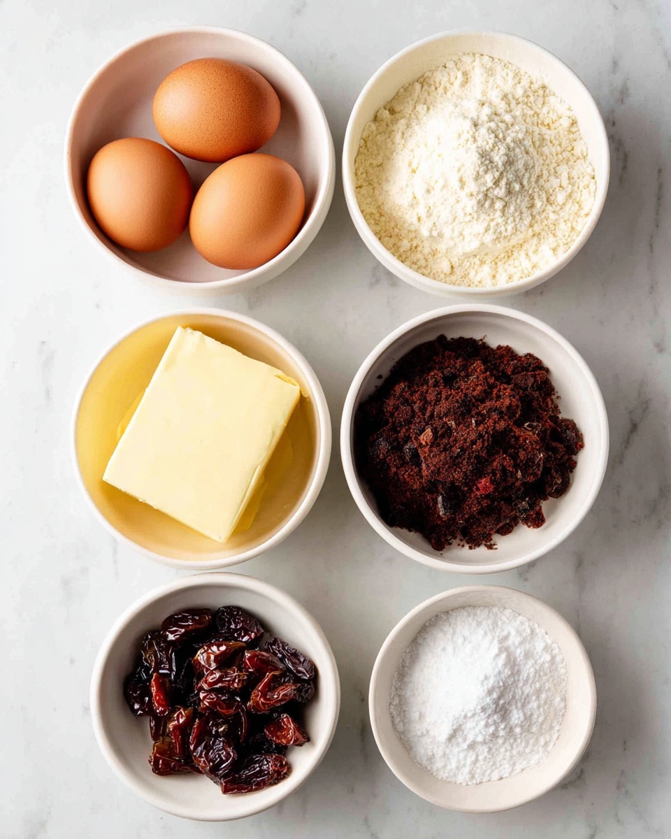 Six small white bowls are placed on a white marbled surface, arranged in two vertical columns of three. The top left bowl holds two brown eggs, smooth and oval, while the top right bowl is filled with a heap of white flour, slightly clumpy. Below the eggs, there is a bowl filled with dark brown sugar, coarse and crumbly in texture. Across from it, a pale yellow square of butter fills another bowl, smooth and solid. Below the brown sugar, a bowl contains small dark reddish-brown date pieces with a moist, sticky appearance. The bottom right bowl, the smallest of them all, holds a small pile of fine white powder, likely baking soda or baking powder. The lighting is bright and natural, emphasizing the textures and colors. Photo taken with an iphone --ar 4:5 --v 7