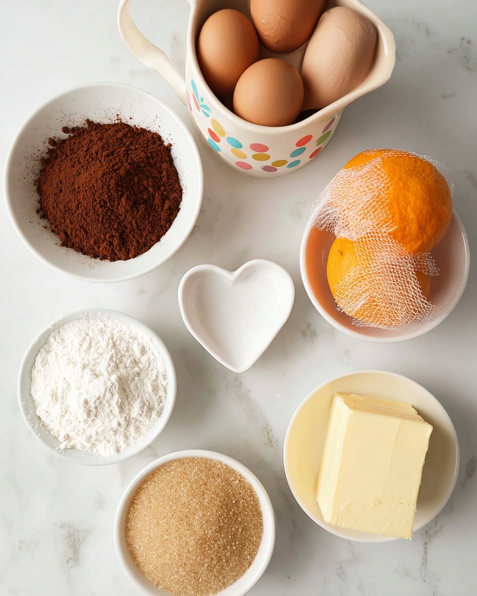 The image shows baking ingredients arranged on a white marbled surface. There are three brown eggs in a white bowl at the top center. To the left, a cream-colored jug with colorful dots holds milk. Below it is an open container filled with dark brown cocoa powder. At the center, an uncovered bright orange wrapped in netting adds color. Below it, a small heart-shaped white dish contains some white powder, likely baking soda or baking powder. To the right of the orange, a white bowl is filled with light brown sugar, showing a soft, crumbly texture. At the bottom left, another white bowl holds white flour with a soft, powdery texture. Lastly, at the bottom right, a white bowl contains a block of pale yellow butter. The setup is neat and light, with all bowls and containers being white. photo taken with an iphone --ar 4:5 --v 7