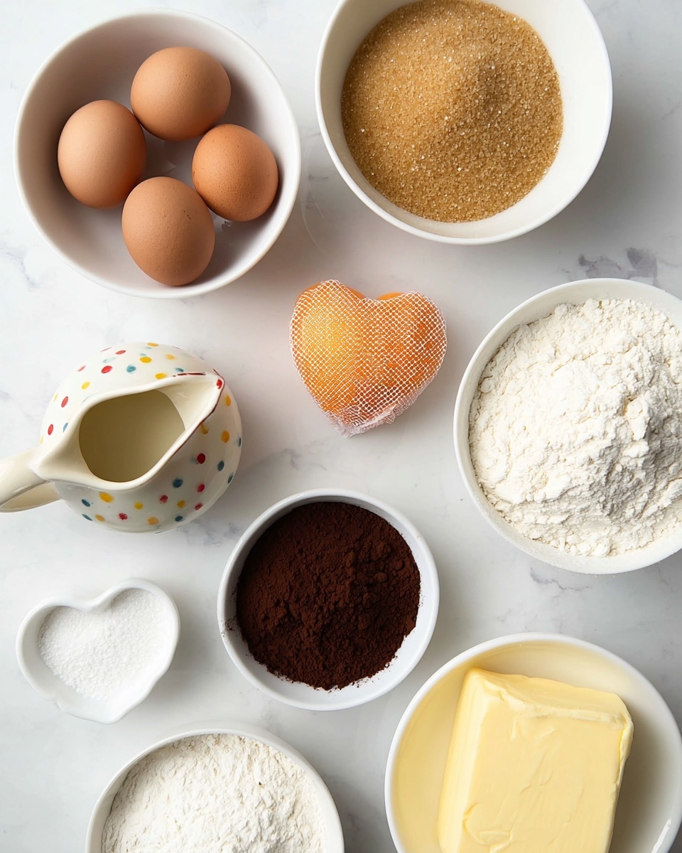 A top view of various baking ingredients arranged on a white marbled surface, including a white bowl with three brown eggs at the top center, a white bowl filled with light brown sugar on the right, a white bowl with a block of yellow butter at the bottom right, a white bowl with white flour at the bottom left, a small white heart-shaped dish with white powder (likely baking soda or powder) near the center, a wrapped orange in mesh at the middle, a small white container with dark cocoa powder at the left, and a cream-colored jug with multicolored dots containing a white liquid at the top left. All items are spread out neatly and clearly visible. photo taken with an iphone --ar 4:5 --v 7