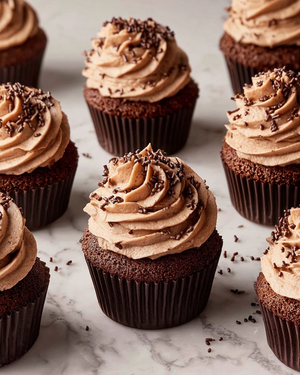 The image shows several chocolate cupcakes arranged on a white marbled surface. Each cupcake has two layers: the bottom layer is a dark brown, textured chocolate cake wrapped in a dark brown paper cup, and the top layer is a swirled light brown chocolate frosting with a smooth, creamy texture. The frosting is decorated with small dark brown chocolate sprinkles scattered on top and around the cupcakes. The cupcakes are close together, filling the frame with a warm, inviting look. photo taken with an iphone --ar 4:5 --v 7