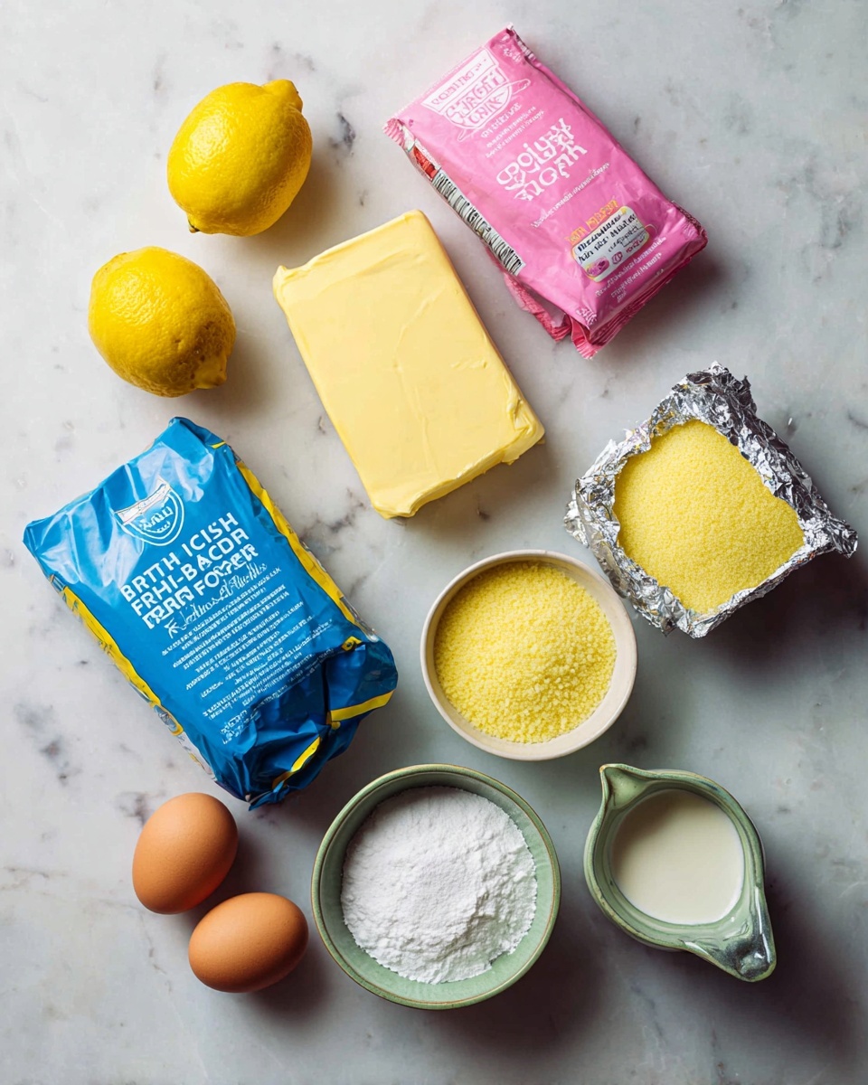 The image shows a flat lay of baking ingredients arranged on a white marbled surface. There are two bright yellow lemons on the left side next to a blue packet of British self-raising flour with black text. To the right of the flour, a pink packet of icing sugar for buttercream and icings stands upright. Above these, a golden yellow butter block wrapped partially in silver foil is placed. To the right of the butter, there is a small white bowl filled with yellow granules. Below the bowl, a small clear glass jug holds cream. In the lower right corner, a small greenish-white bowl is filled with white granulated sugar. Three brown eggs are scattered around the bottom half of the image. The whole setup appears bright with natural lighting. Photo taken with an iphone --ar 4:5 --v 7