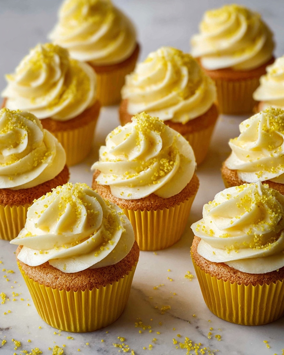 The image shows many cupcakes placed closely on a white marbled surface. Each cupcake has one layer of light golden brown cake in a yellow paper cup. On top is a thick, swirled layer of creamy, pale yellow frosting shaped like soft peaks. The frosting is decorated with small yellow sprinkles scattered on top and around the cupcakes on the surface. The light shines softly on the cupcakes, making the colors warm and inviting. photo taken with an iphone --ar 4:5 --v 7