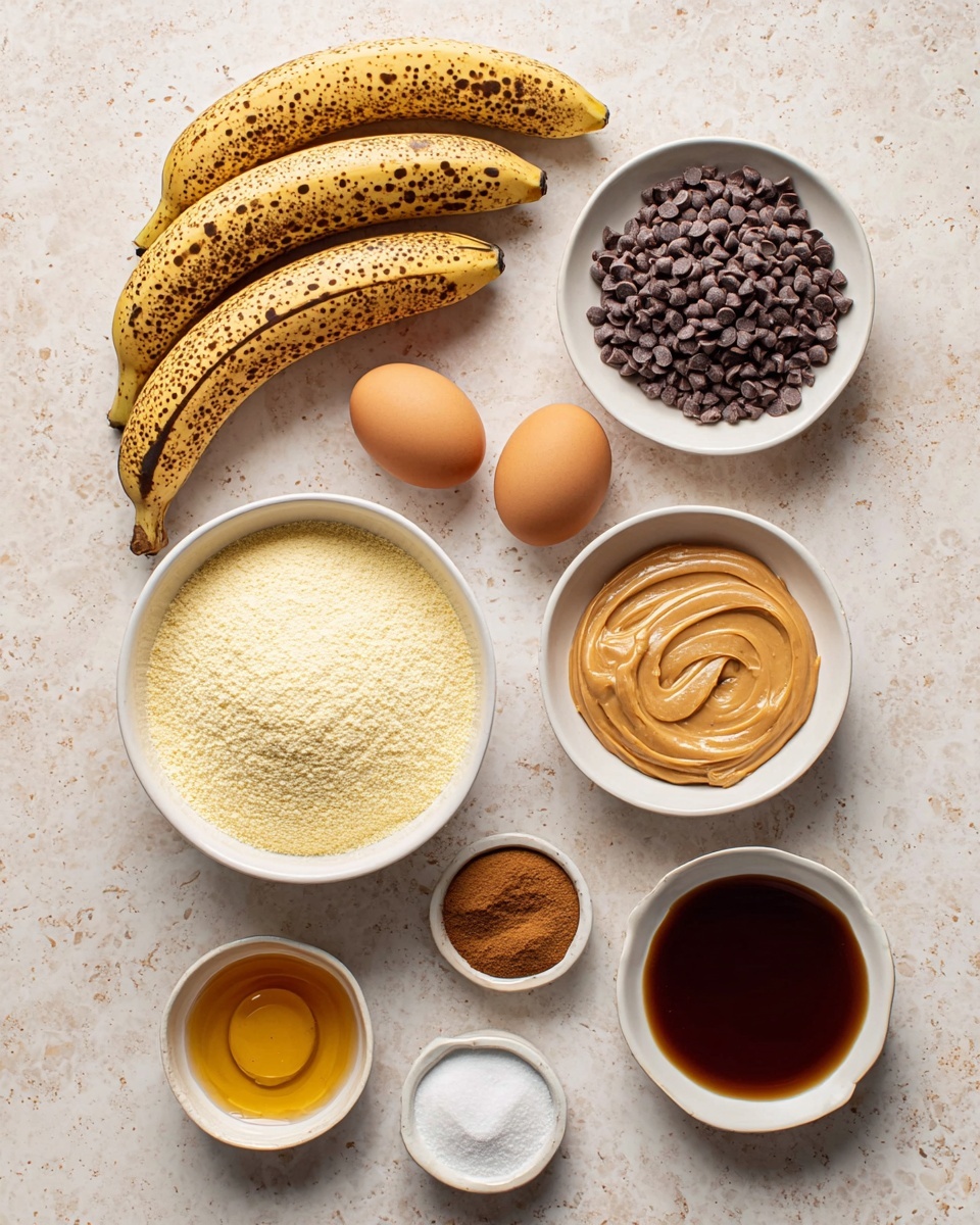 A flat lay image shows mixed baking ingredients arranged neatly on a white marbled surface. There are three ripe bananas with many brown spots placed diagonally across the middle left. Two brown eggs sit close by above the bananas. A white bowl filled with light yellow almond flour is placed at the bottom left. On the right side, in a vertical line, there is a white bowl with peanut butter showing smooth, creamy texture and swirls in the center. Above that is another white bowl filled with small dark brown chocolate chips. Below this is a small white bowl with golden honey, and next to it, a small white dish with four separate powders and spices: cinnamon, baking soda, baking powder, and salt, all set neatly. At the bottom right corner sits a small white bowl holding dark brown vanilla extract. The layout is clean and organized, with each ingredient distinguishable and well-lit. photo taken with an iphone --ar 4:5 --v 7