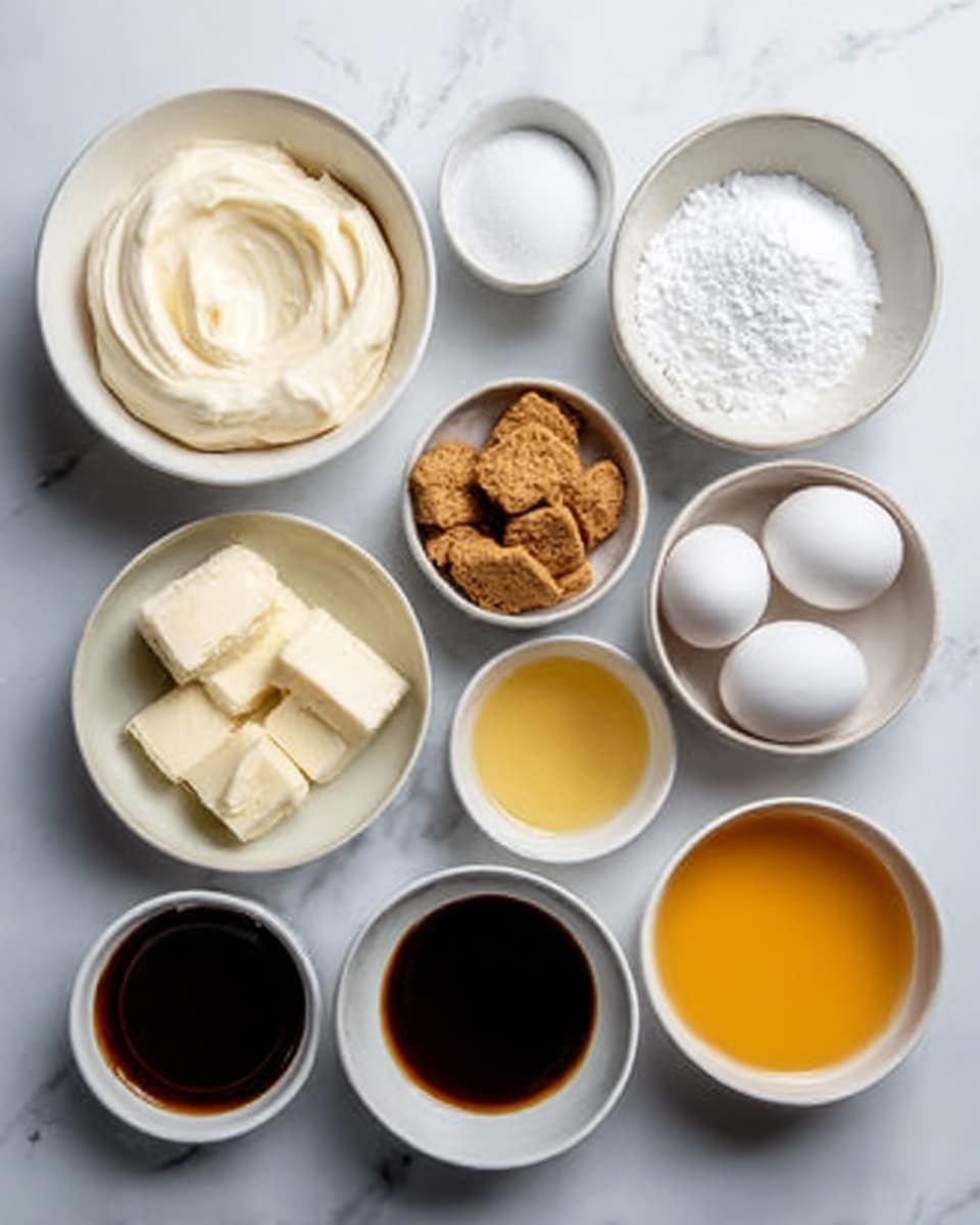 The image shows eleven white bowls and plates from top to bottom on a white marbled surface, each containing different ingredients. The top left bowl holds a thick, creamy white mixture with a smooth texture, while next to it is a small bowl filled with white granulated sugar. To the right is a larger bowl of fine white powder. Below these, three white eggs rest on the surface beside a bowl of light beige cream with a soft, whipped texture, next to a small bowl of dark brown liquid. Below are three more bowls: one filled with a bright golden-yellow liquid, one with light brown crunchy pieces, and one with a small amount of pale yellow butter cubes. At the bottom, two bowls contain a thick dark brown syrupy liquid and a bright orange-yellow liquid with a smooth texture. photo taken with an iphone --ar 4:5 --v 7
