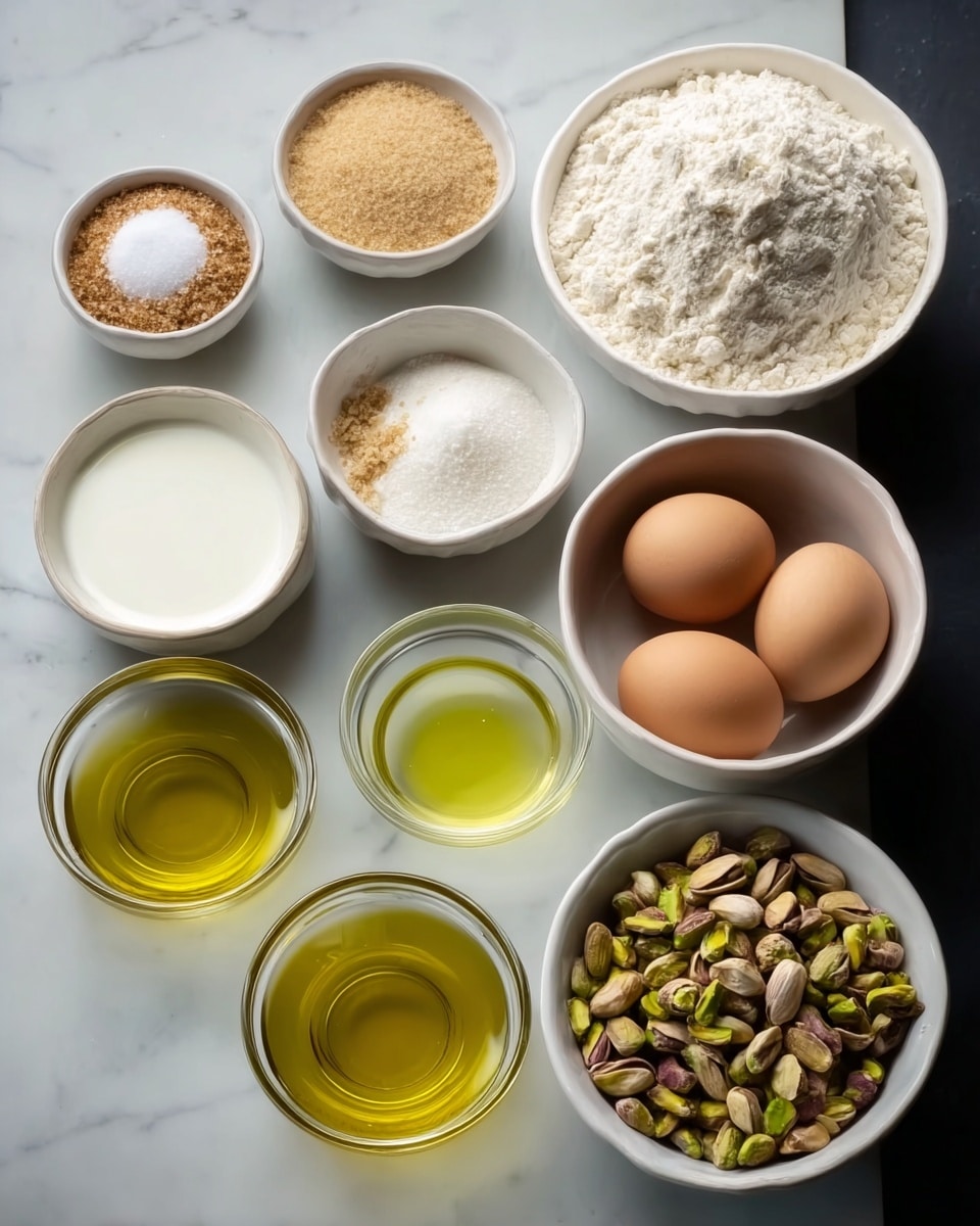 The image shows various baking ingredients arranged on a white marbled surface. There are ten small bowls and two eggs laid out in a triangular pattern. The largest bowl at the top right holds a mound of white flour with a soft, powdery texture. To the top left, a small bowl contains light brown sugar, coarse in texture, and nearby is a bowl with white salt. Below the salt is a small bowl with a beige granular ingredient. At the bottom right, a white bowl is full of a mix of green and brown shelled pistachios. Two brown eggs are positioned just beside the pistachios. In the front row, two glass bowls with light yellow and clear olive oil sit side by side. Another glass bowl in the center holds a white, creamy liquid, while a jar of pale milk sits just behind it. The overall setup is neat and clean, with each ingredient clearly visible. photo taken with an iphone --ar 4:5 --v 7