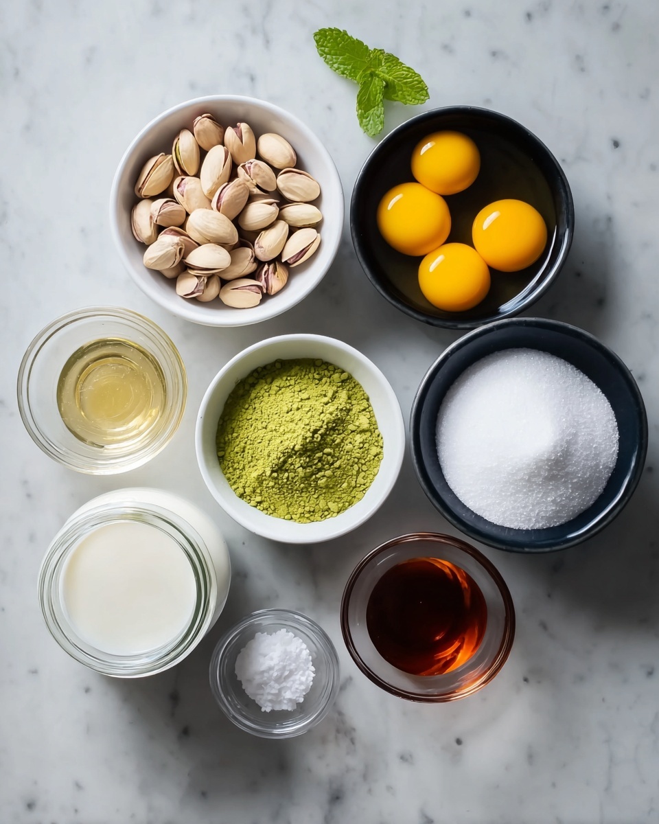 A top-down view of eight small white bowls and jars arranged on a white marbled surface, each holding different ingredients: one bowl contains light beige pistachio nuts with a fresh green mint leaf on the side; another has five bright yellow egg yolks in clear liquid; one bowl is filled with bright green matcha powder with a smooth, fine texture; two bowls contain fine white granulated sugar piled high; one jar holds creamy white milk; a smaller bowl has a dark amber liquid, likely syrup or vanilla extract; and the smallest clear bowl contains fine white salt, all displayed neatly for cooking preparation, photo taken with an iphone --ar 4:5 --v 7
