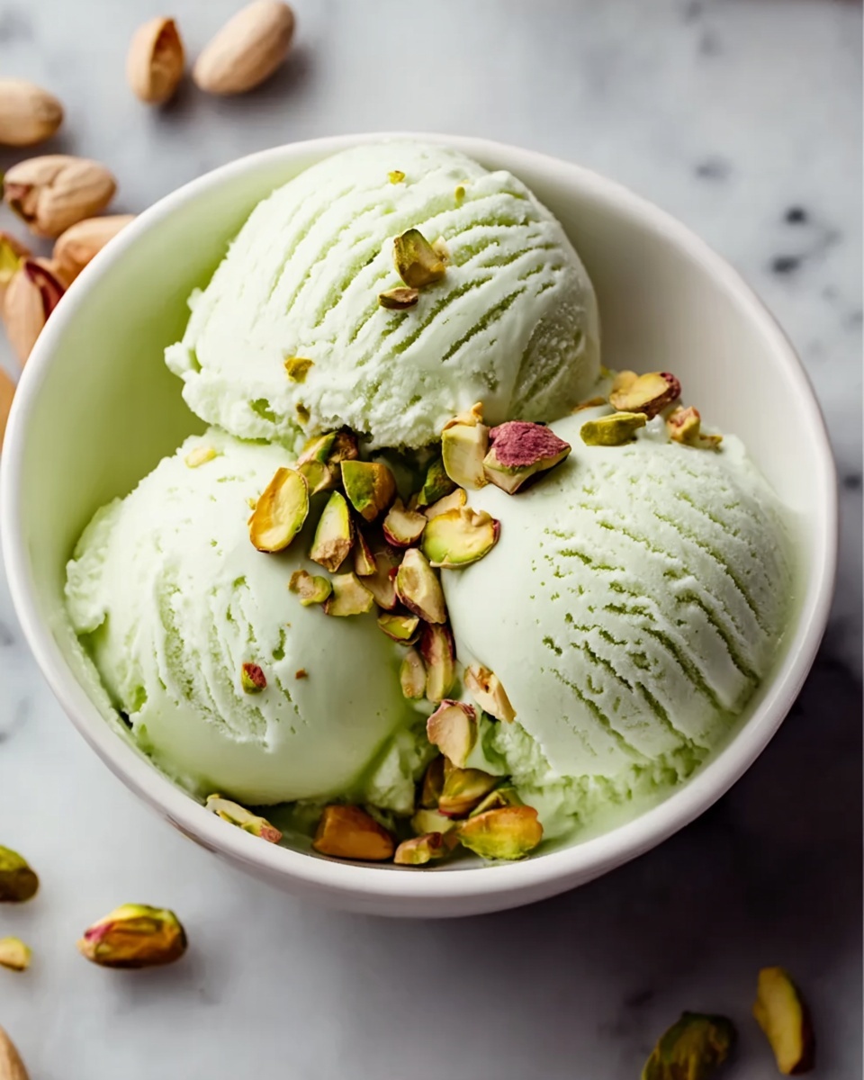 The image shows a white bowl filled with three pale green scoops of ice cream, stacked closely together. On top of the ice cream, there are scattered light brown and green pistachio nuts, adding texture and color contrast. The bowl sits on a white marbled surface with a few pistachios scattered around it. The ice cream looks smooth and creamy, with visible lines from the scooping process. photo taken with an iphone --ar 4:5 --v 7