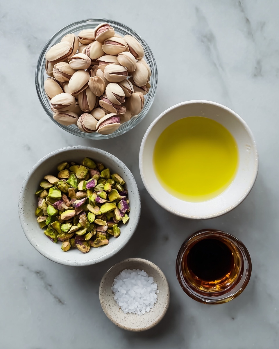 The image shows five small bowls arranged on a white marbled surface. The top left bowl is clear glass and filled with whole pistachios in their shells, which are light beige with hints of green and purple inside. Below it is a white bowl filled with chopped green pistachio nuts. To the right of the whole pistachios, there is a white ceramic bowl with light yellow oil inside, showing smooth texture and reflective surface. Below that oil bowl, there is a small white round dish holding a small pile of white salt crystals. At the bottom right, there is a small glass container filled with dark amber liquid. The bowls are neat and clean, set in a simple, minimalistic style, all placed on a smooth white marbled texture. photo taken with an iphone --ar 4:5 --v 7