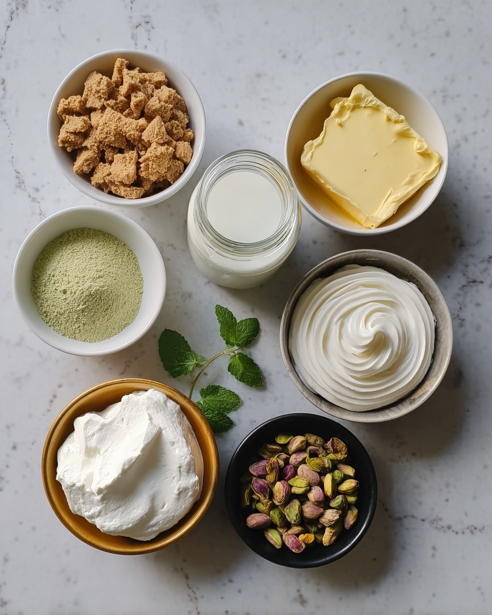 The image shows seven small white bowls and one glass jar arranged on a white marbled surface. The top left bowl contains crushed pale brown biscuits with crumbly texture. To its right is a bowl with smooth, melted yellow butter. Next to it, there's a glass jar filled with white milk. Below the biscuits is a bowl filled with a light green powder. To its right, a bowl contains creamy white yogurt with a smooth texture. Below this yogurt bowl is a golden bowl with a swirl of thick, white whipped cream. At the bottom left, a bowl holds a mound of soft white cream cheese or similar. The bowl at the bottom right is filled with green and brown pistachio nuts. A small sprig of fresh green mint lies near the crushed biscuits. Photo taken with an iphone --ar 4:5 --v 7