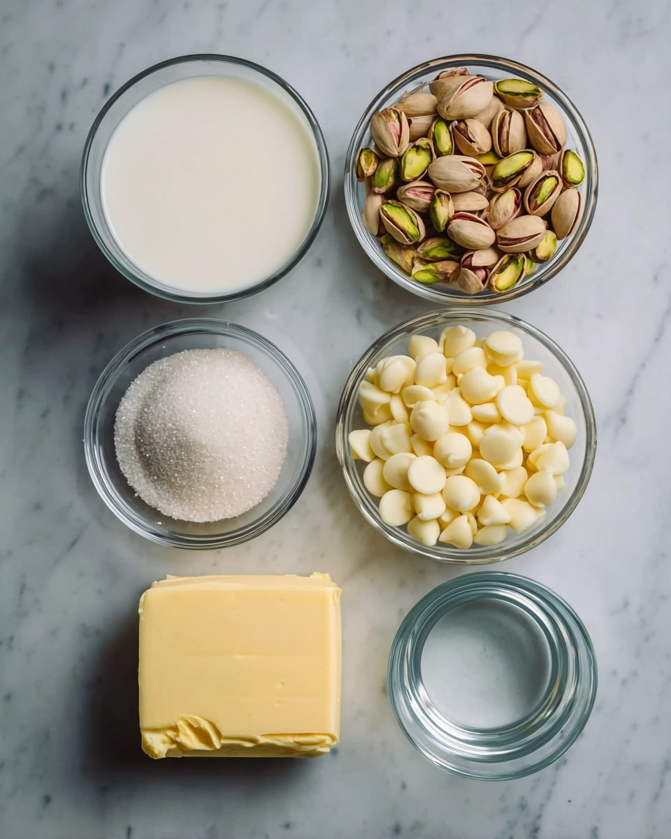 Five clear glass bowls are arranged on a white marbled surface. The top bowl has white liquid cream with a smooth texture. To the left is a bowl filled with light brown pistachios with green insides visible. Below the pistachios is a bowl containing white granulated sugar, grainy and fine. In the middle is a bowl with creamy white chocolate chips that have a soft, rounded shape. To the right is a bowl with clear water, smooth and reflective. At the bottom is a bowl with a solid light yellow butter block, smooth with a small impression on top. photo taken with an iphone --ar 4:5 --v 7