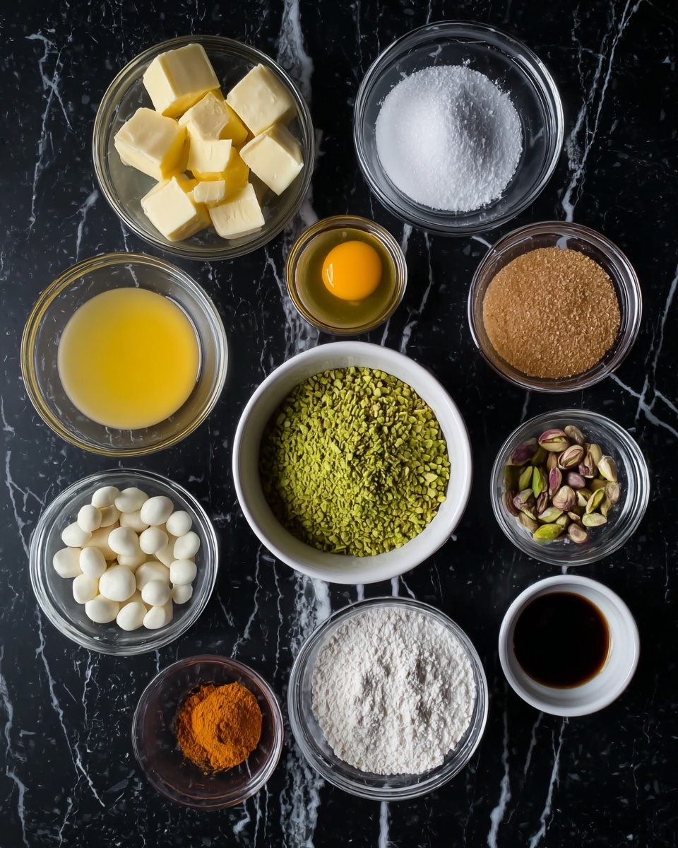 A top-down view of eleven small clear and white bowls arranged neatly on a black surface with white marbled texture, each bowl containing different baking ingredients: three light yellow butter cubes, white granulated sugar, light brown sugar, two raw egg yolks in clear liquid, pale yellow liquid in a white bowl, round white baking chips, and green chopped pistachios. In the center is a white bowl filled with a green powdered ingredient. Two very small silver bowls contain white and off-white powders, and a small bowl holds a dark brown liquid with a small heap of orange powder on top. photo taken with an iphone --ar 4:5 --v 7