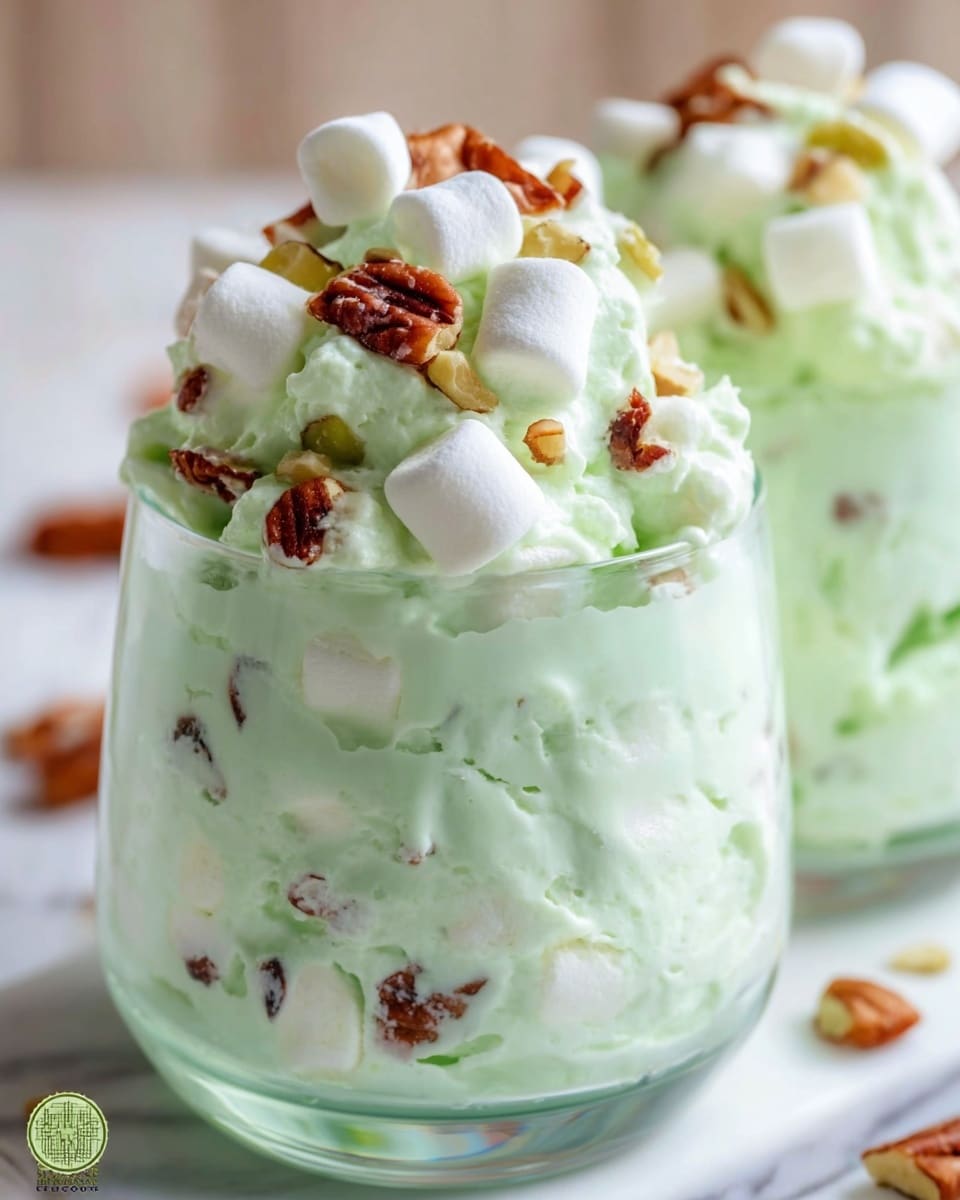 A close-up of two clear glass cups filled with a light green creamy dessert. The dessert is thick and fluffy with visible pieces of small white marshmallows and brown nut chunks mixed in. The top layer is piled high with the same light green mixture, showing more marshmallows and nuts scattered on top. The cups sit on a white marbled surface with a soft blurred background. Photo taken with an iphone --ar 4:5 --v 7