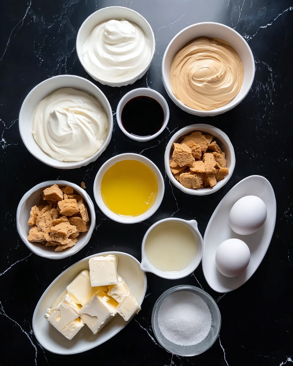 The image shows eleven white bowls and a white plate placed on a black surface with faint white veins. The largest bowl contains a smooth white cream, while another bowl has a thick, swirled beige cream. A small bowl holds dark brown liquid, and nearby is another bowl with light yellow oil. One bowl is filled with broken golden-brown cracker pieces, and another contains pale yellow butter chunks. A white plate holds three whole white eggs, and another bowl has a fluffy white powder. A small bowl holds granulated white sugar, and an oval white bowl contains a spreadable white cheese. The bowls are arranged closely together, forming an organized layout. photo taken with an iphone --ar 4:5 --v 7