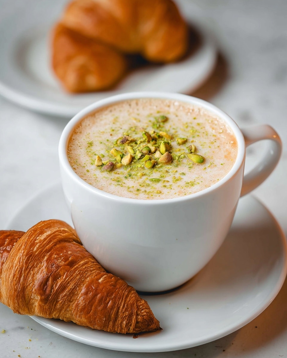 A white cup filled with a creamy light brown drink topped with small green nut slices and a sprinkle of green powder. The cup sits on a white plate with a golden-brown croissant resting next to it. In the blurred background, there is another white plate with a similar croissant. The setting uses a white marbled textured surface. photo taken with an iphone --ar 4:5 --v 7