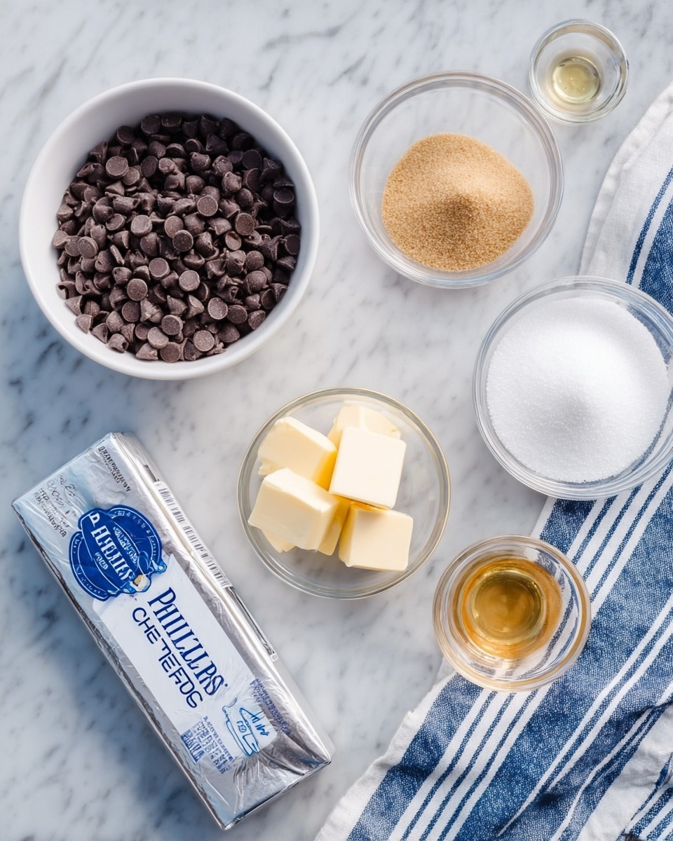 The image shows baking ingredients arranged on a white marbled surface. There is a white bowl on the left filled with dark brown chocolate chips. Near the bottom left is a silver package of Philadelphia cream cheese with blue and white labeling. Towards the top right, there are three small clear glass bowls; one with light brown sugar, one with powdered white sugar, and one with three pieces of pale yellow butter. Next to them are two other small bowls; one with a light golden liquid, likely vanilla, and another with white granulated sugar. A blue and white striped cloth is placed under the bowls on the right side. Photo taken with an iphone --ar 4:5 --v 7