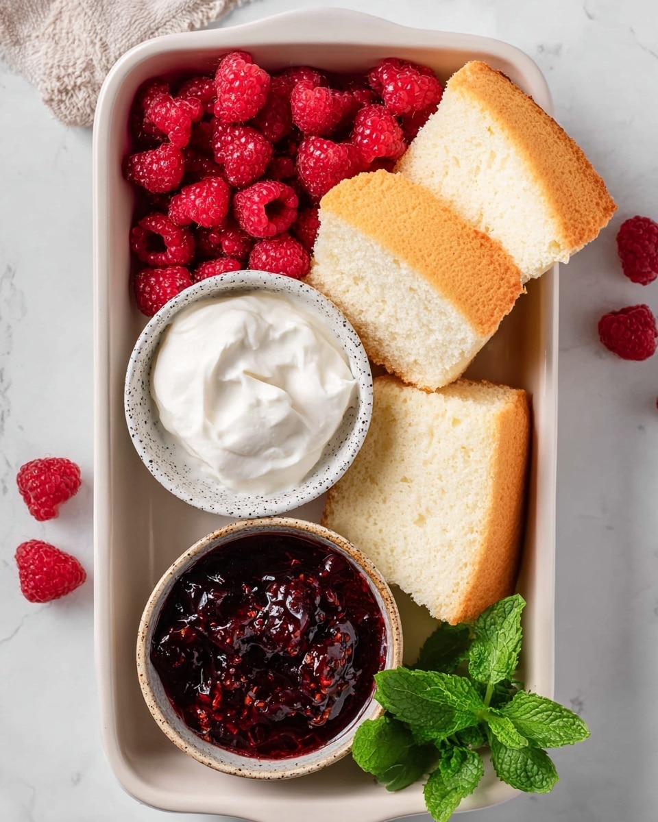 A white rectangular dish holds two large pieces of light golden sponge cake with a soft white inside, placed near the top right corner. Below the cake, there is a pile of fresh red raspberries creating a textured layer. At the bottom left of the dish, a small speckled bowl is filled with smooth white cream, and next to it on the right, another small speckled bowl contains thick dark red berry jam with visible fruit pieces. A small bunch of fresh green mint leaves lies in the bottom right corner of the dish. The dish is set on a white marbled surface with a few scattered raspberries around. Photo taken with an iphone --ar 4:5 --v 7