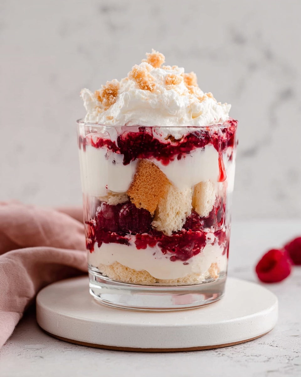 A clear glass filled with four visible layers sits on a round white coaster against a white marbled background. The bottom layer is light sponge cake pieces with a soft texture. Above it, a thick layer of smooth white cream spreads evenly. The third layer is vibrant red raspberries mixed with more sponge cake pieces and raspberry sauce dripping slightly down the sides. The top layer is fluffy white whipped cream with small bits of crumbled cake sprinkled on top. A soft pink cloth is slightly draped on the left side. Photo taken with an iphone --ar 4:5 --v 7