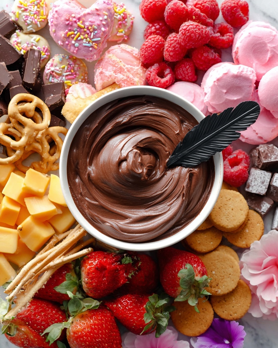 A white bowl filled with smooth, creamy chocolate dip sits in the center, with a black feather-shaped spoon placed inside, its tip touching the swirl of the dip. Surrounding the bowl in a circular pattern are bright red whole strawberries, some sliced to show their juicy inside, fresh raspberries, yellow cubes of cheese, dark chocolate chunks, pink frosted cupcakes decorated with heart and round sprinkles, round cookies, wafer rolls, and pretzels. Small pink and white flowers are scattered gently among the food, all set against a white marbled surface. photo taken with an iphone --ar 4:5 --v 7